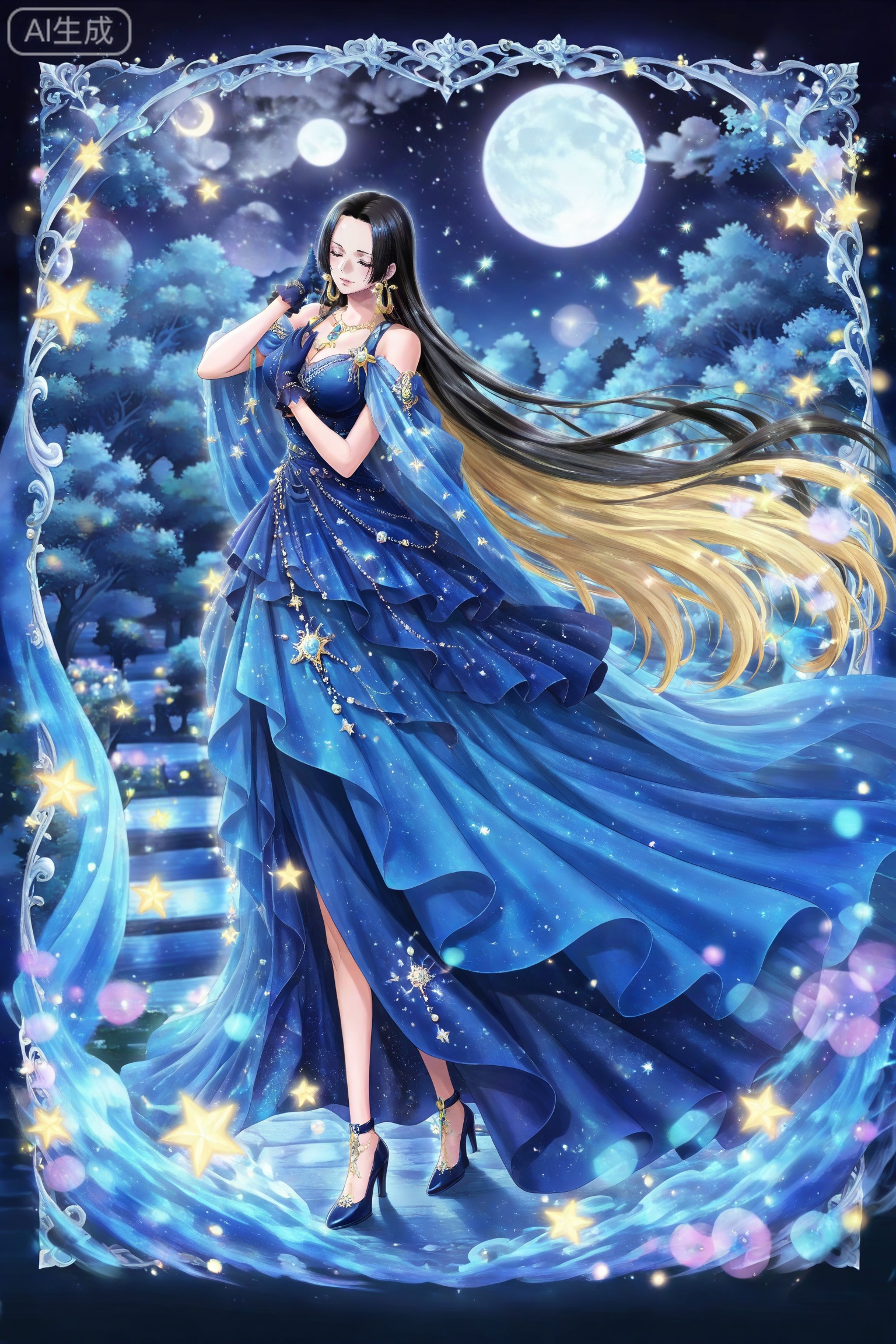 lvjing,dress,
 boa hancock one piece,boa hancock,black hair,long hair,blue eyes,jewelry,earrings,
llvjing, 1girl, long hair, dress, blonde hair, blue dress, solo, tree, blue theme, closed eyes, moon, star \(symbol\), flower, night, very long hair, high heels, gloves, 27
depth of field,masterpiece,best quality,very aesthetic,alternate costume,alternate costume,2024,2023,perfect composition,ultra-detailed,extreme aesthetic,masterpiece,best quality,good quality,newest,year 2024,year 2023,very aesthetic,absurdres,looking_at_viewer,colorful,,lvjing,