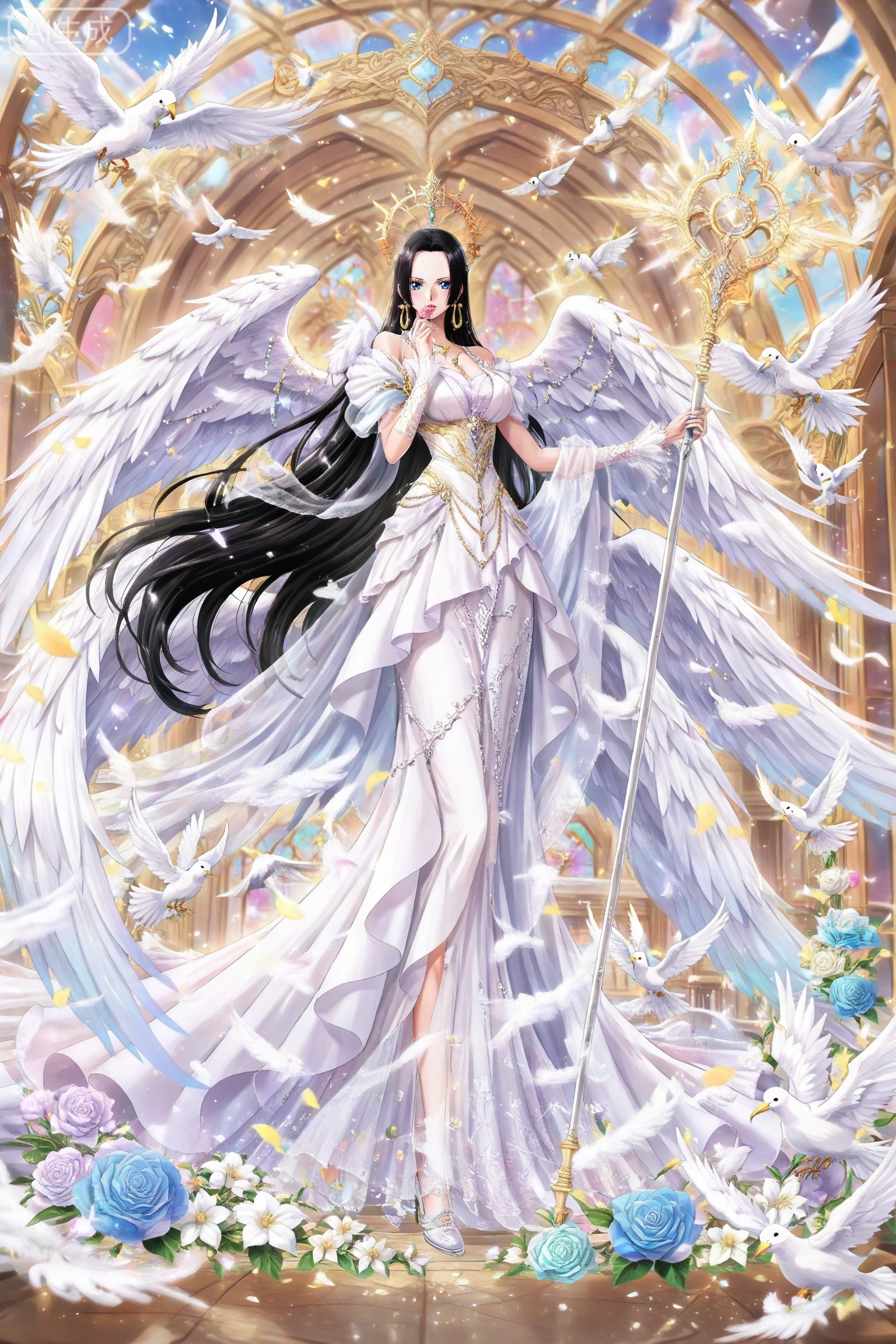 lvjing,dress,
 boa hancock one piece,boa hancock,black hair,long hair,blue eyes,jewelry,earrings,

wings,bird,flower,1girl,solo,long hair,dress,dove,angel wings,feathered wings,holding,white wings,white dress,rose,staff,multiple wings,animal,4, depth of field,masterpiece,best quality,very aesthetic,alternate costume,alternate costume,2024,2023,perfect composition,ultra-detailed,extreme aesthetic,masterpiece,best quality,good quality,newest,year 2024,year 2023,very aesthetic,absurdres,looking_at_viewer,colorful,,lvjing,