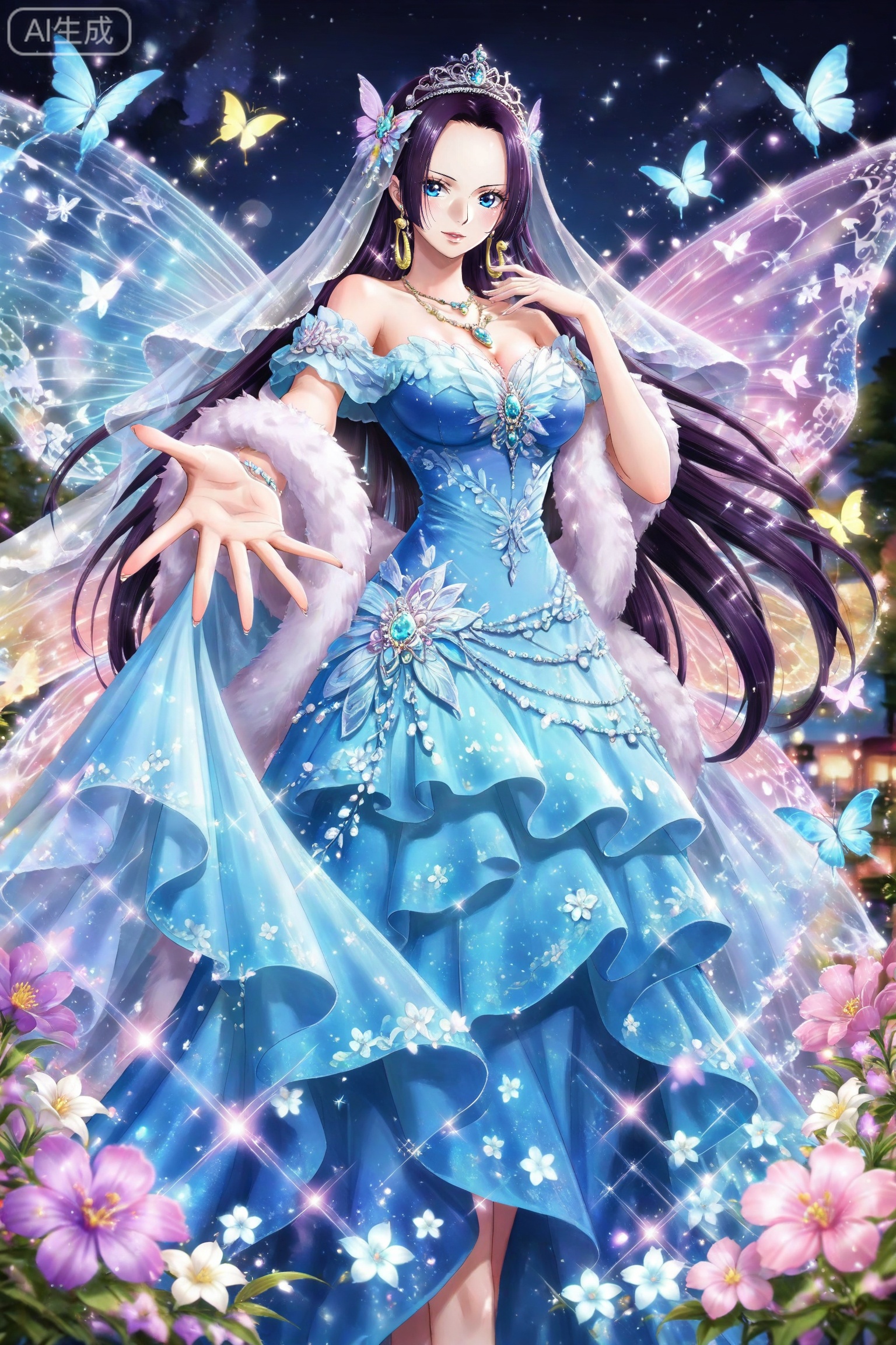lvjing,dress,
 boa hancock one piece,boa hancock,black hair,long hair,blue eyes,jewelry,earrings,
lvjing, 1girl, dress, long hair, blue dress, hair ornament, butterfly, jewelry, bug, solo, wings, insect wings, purple hair, veil, earrings, flower, tiara, necklace, night, butterfly wings, sparkle, outstretched hand, bare shoulders, 30
depth of field,masterpiece,best quality,very aesthetic,alternate costume,alternate costume,2024,2023,perfect composition,ultra-detailed,extreme aesthetic,masterpiece,best quality,good quality,newest,year 2024,year 2023,very aesthetic,absurdres,looking_at_viewer,colorful,,lvjing,