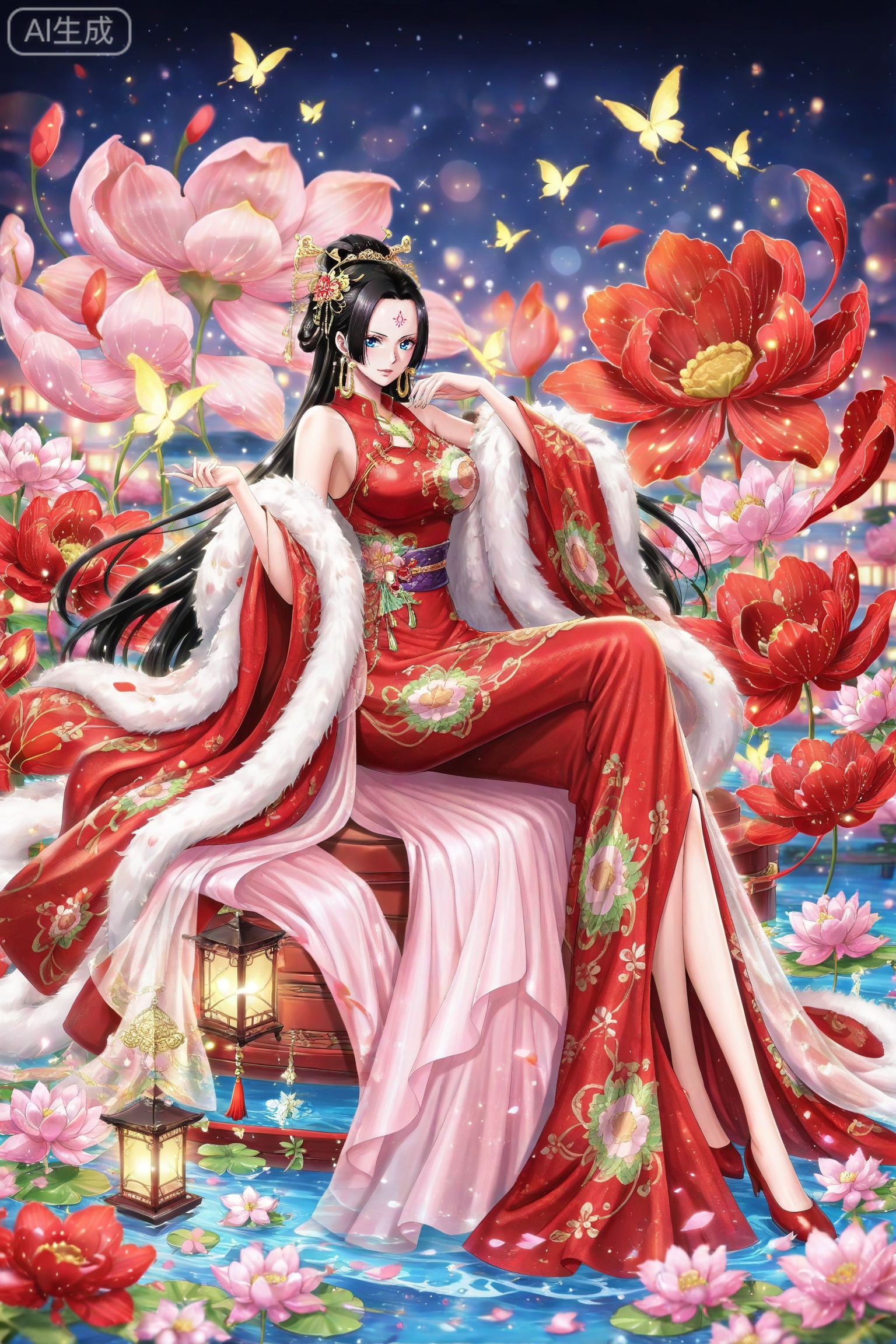 lvjing,dress,
 boa hancock one piece,boa hancock,black hair,long hair,blue eyes,jewelry,earrings,

lvjing, 1girl, dress, red dress, flower, bug, long hair, solo, butterfly, hair ornament, lantern, lotus, white hair, chinese clothes, full body, sitting, forehead mark, glowing butterfly, jewelry, water, 10, depth of field,masterpiece,best quality,very aesthetic,alternate costume,alternate costume,2024,2023,perfect composition,ultra-detailed,extreme aesthetic,masterpiece,best quality,good quality,newest,year 2024,year 2023,very aesthetic,absurdres,looking_at_viewer,colorful,,lvjing,