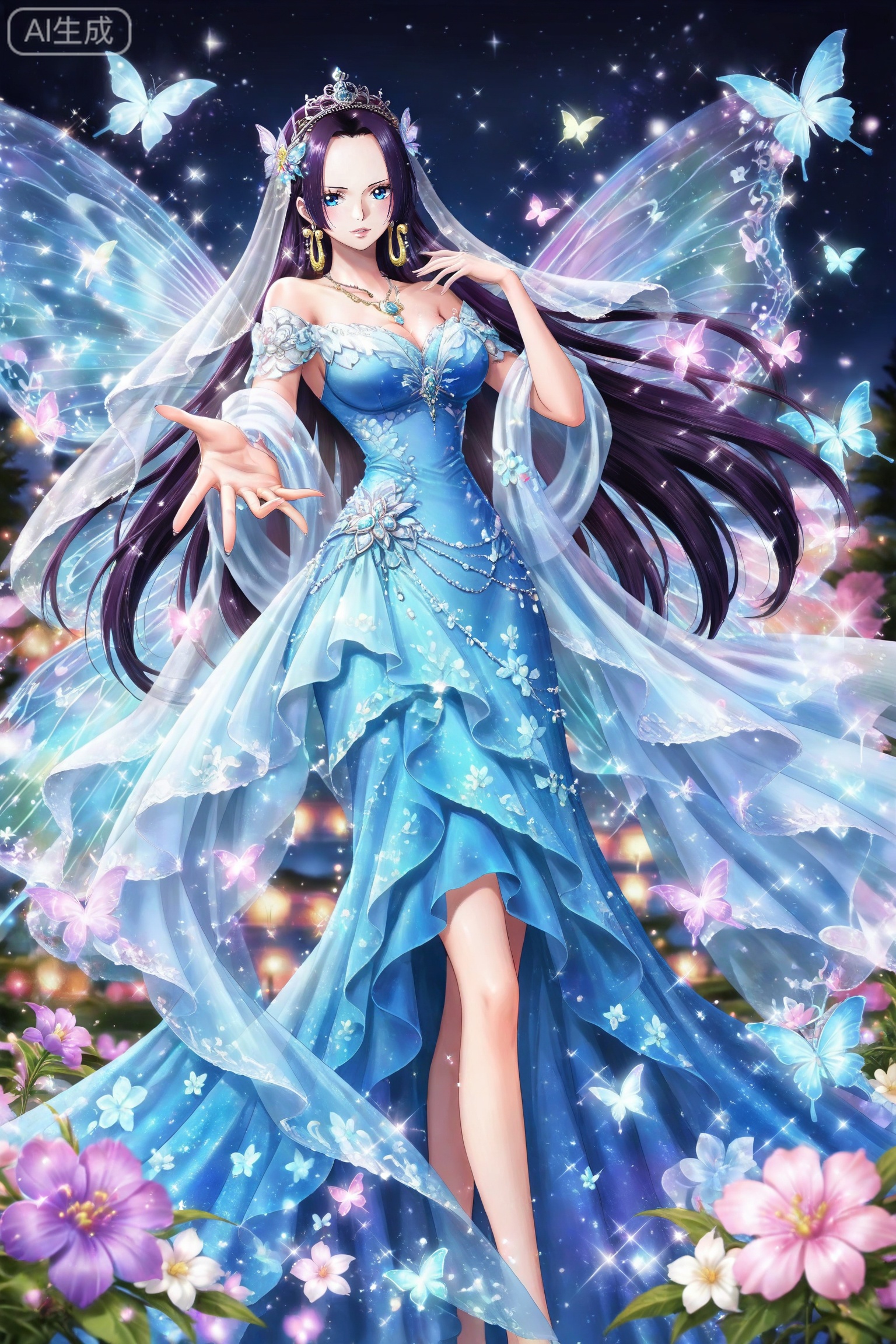 lvjing,dress,
 boa hancock one piece,boa hancock,black hair,long hair,blue eyes,jewelry,earrings,
lvjing, 1girl, dress, long hair, blue dress, hair ornament, butterfly, jewelry, bug, solo, wings, insect wings, purple hair, veil, earrings, flower, tiara, necklace, night, butterfly wings, sparkle, outstretched hand, bare shoulders, 30
depth of field,masterpiece,best quality,very aesthetic,alternate costume,alternate costume,2024,2023,perfect composition,ultra-detailed,extreme aesthetic,masterpiece,best quality,good quality,newest,year 2024,year 2023,very aesthetic,absurdres,looking_at_viewer,colorful,,lvjing,