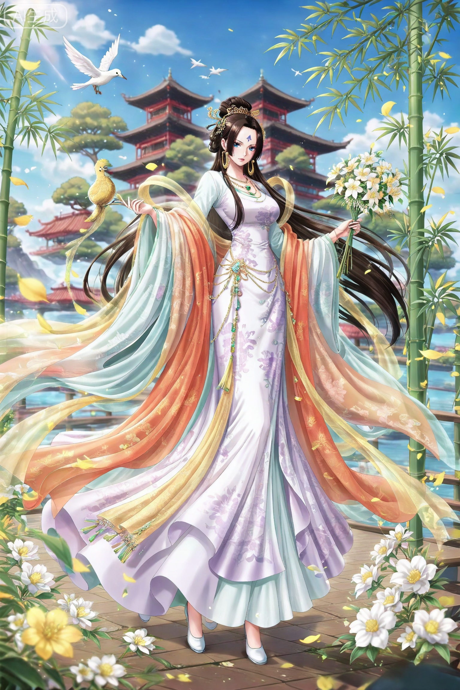 lvjing,dress,
 boa hancock one piece,boa hancock,black hair,long hair,blue eyes,jewelry,earrings,
llvjing, 1girl, dress, hair ornament, chinese clothes, jewelry, flower, bird, hair bun, forehead mark, full body, solo, necklace, facial mark, shawl, bamboo, holding, leaf, brown hair, white dress, earrings, long sleeves, 1
depth of field,masterpiece,best quality,very aesthetic,alternate costume,alternate costume,2024,2023,perfect composition,ultra-detailed,extreme aesthetic,masterpiece,best quality,good quality,newest,year 2024,year 2023,very aesthetic,absurdres,looking_at_viewer,colorful,,lvjing,
