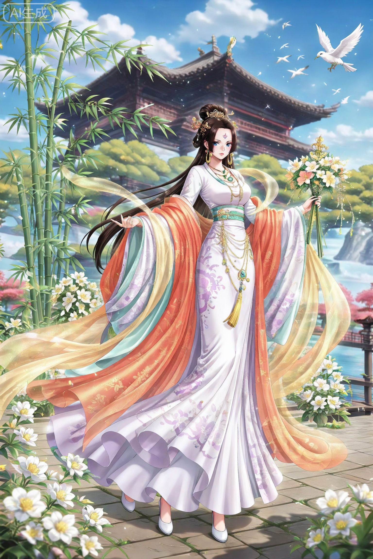 lvjing,dress,
 boa hancock one piece,boa hancock,black hair,long hair,blue eyes,jewelry,earrings,
llvjing, 1girl, dress, hair ornament, chinese clothes, jewelry, flower, bird, hair bun, forehead mark, full body, solo, necklace, facial mark, shawl, bamboo, holding, leaf, brown hair, white dress, earrings, long sleeves, 1
depth of field,masterpiece,best quality,very aesthetic,alternate costume,alternate costume,2024,2023,perfect composition,ultra-detailed,extreme aesthetic,masterpiece,best quality,good quality,newest,year 2024,year 2023,very aesthetic,absurdres,looking_at_viewer,colorful,,lvjing,