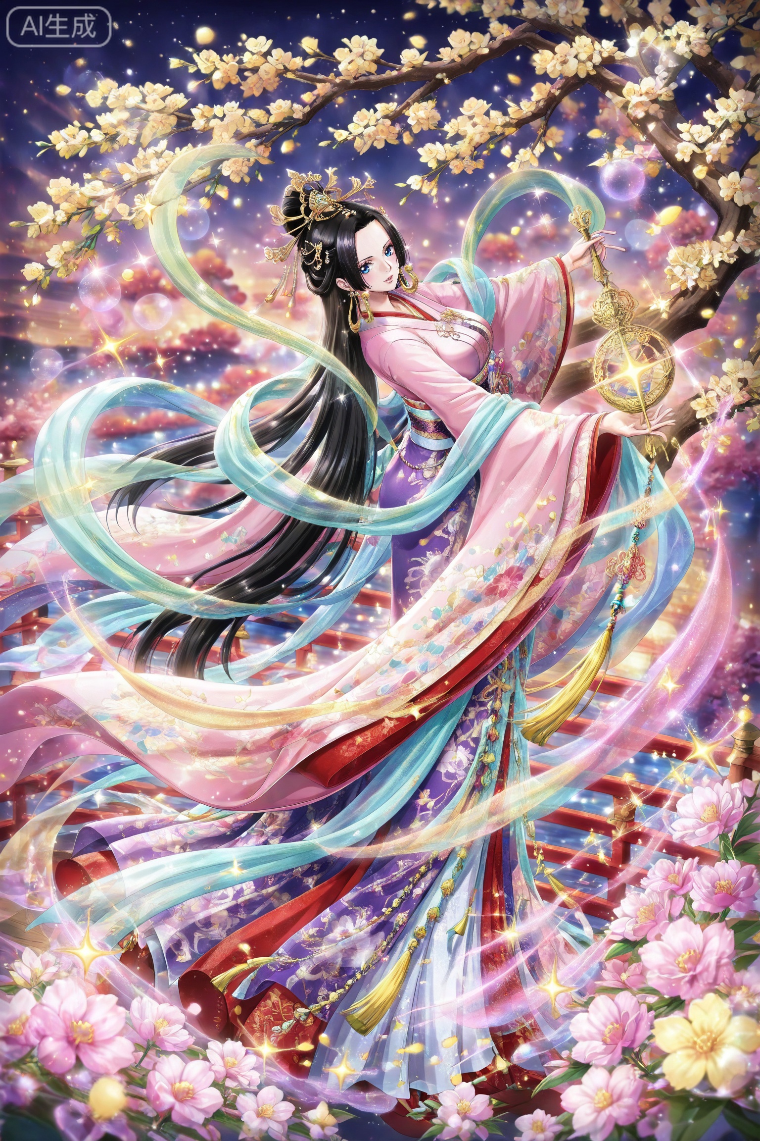 lvjing,dress,
 boa hancock one piece,boa hancock,black hair,long hair,blue eyes,jewelry,earrings,
lvjing, 1girl, long hair, hair ornament, very long hair, flower, wide sleeves, japanese clothes, sparkle, white hair, long sleeves, blue eyes, hagoromo, chinese clothes, holding, solo, tassel, branch, shawl, 9
depth of field,masterpiece,best quality,very aesthetic,alternate costume,alternate costume,2024,2023,perfect composition,ultra-detailed,extreme aesthetic,masterpiece,best quality,good quality,newest,year 2024,year 2023,very aesthetic,absurdres,looking_at_viewer,colorful,,lvjing,