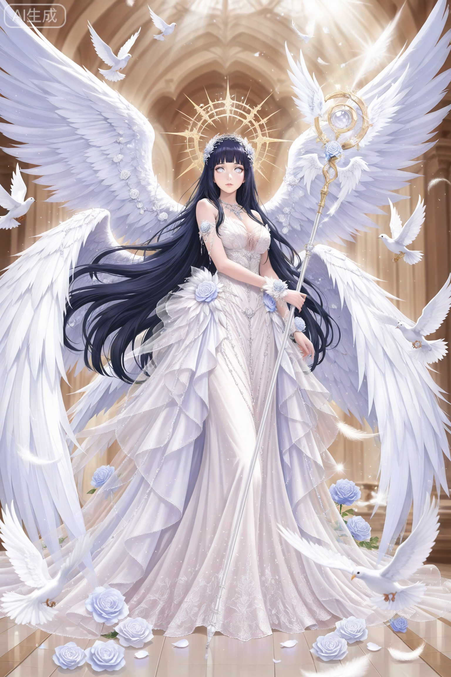 lvjing,dress,2girls,
hyuuga hinata Naruto,1girl,hyuuga hinata,solo,long hair,blunt bangs,black hair,(white eyes:1.3),no_pupils,
lvjing,wings,bird,flower,1girl,solo,long hair,dress,dove,angel wings,feathered wings,holding,white wings,white dress,rose,staff,multiple wings,animal,4,
depth of field,masterpiece,best quality,very aesthetic,alternate costume,alternate costume,2024,2023,perfect composition,ultra-detailed,extreme aesthetic,masterpiece,best quality,good quality,newest,year 2024,year 2023,very aesthetic,absurdres,looking_at_viewer,colorful,,lvjing,