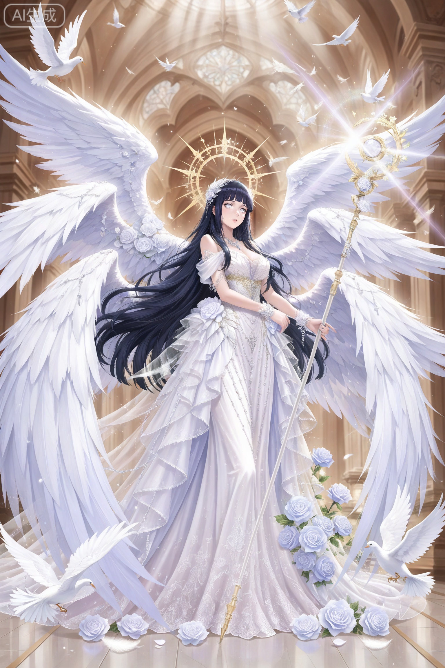 lvjing,dress,2girls,
hyuuga hinata Naruto,1girl,hyuuga hinata,solo,long hair,blunt bangs,black hair,(white eyes:1.3),no_pupils,
lvjing,wings,bird,flower,1girl,solo,long hair,dress,dove,angel wings,feathered wings,holding,white wings,white dress,rose,staff,multiple wings,animal,4,
depth of field,masterpiece,best quality,very aesthetic,alternate costume,alternate costume,2024,2023,perfect composition,ultra-detailed,extreme aesthetic,masterpiece,best quality,good quality,newest,year 2024,year 2023,very aesthetic,absurdres,looking_at_viewer,colorful,,lvjing,