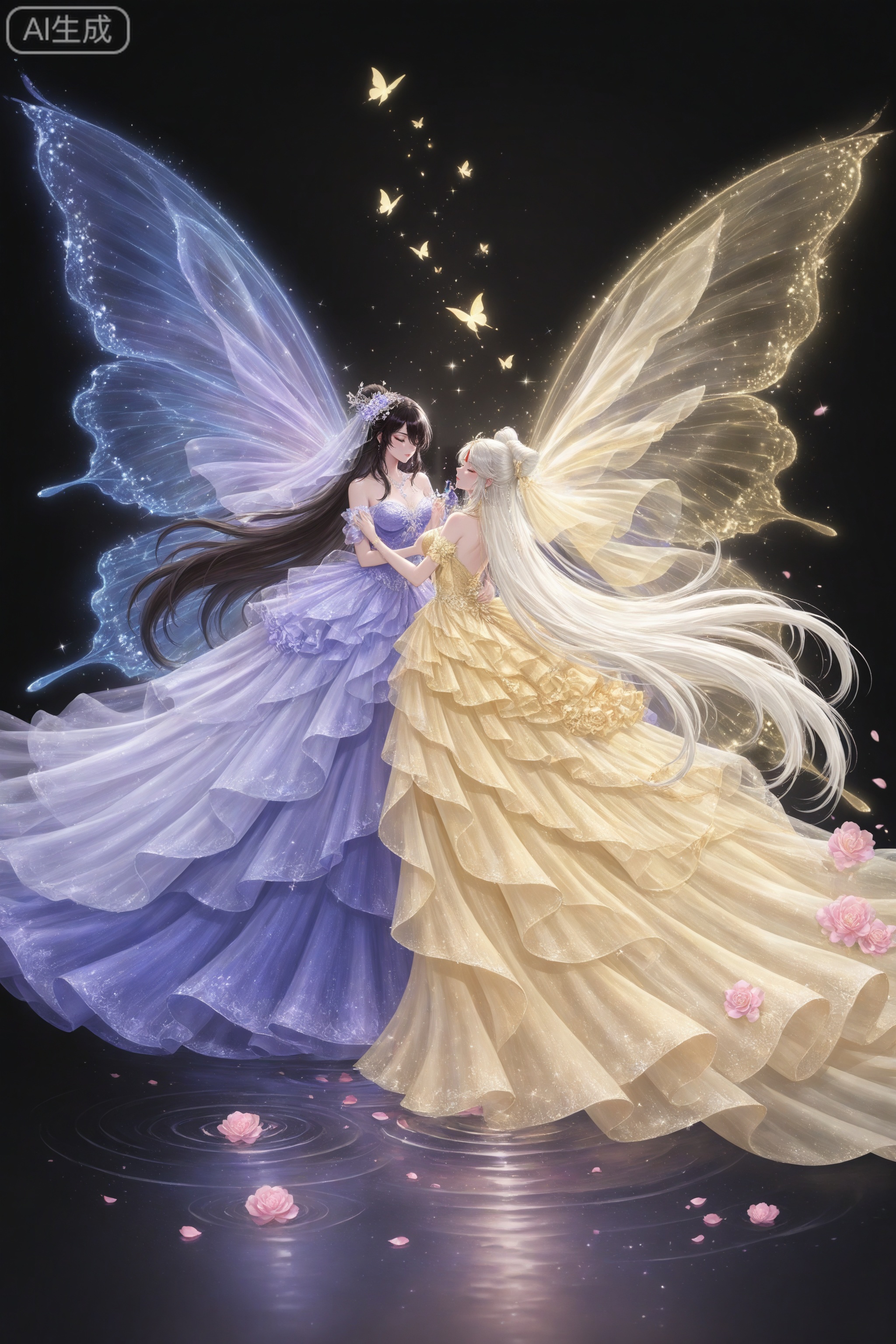 2girls,
ningguang \(genshin impact\),white hair,
beidou \(genshin impact\),black hair,
lvjing,dress,2girls,multiple girls,butterfly,flower,long hair,bug,insect wings,petals,butterfly wings,wings,yuri,yellow dress,veil,wedding dress,water,sparkle,purple dress,blue hair,black background,pink flower,closed eyes,looking at another,ripples,long dress,bare shoulders,very long hair,rose,hair ornament,8,
depth of field,masterpiece,best quality,very aesthetic,alternate costume,alternate costume,2024,2023,perfect composition,ultra-detailed,extreme aesthetic,(quasarcake:0.7),masterpiece,best quality,good quality,newest,year 2024,year 2023,very aesthetic,absurdres,looking_at_viewer,colorful,
