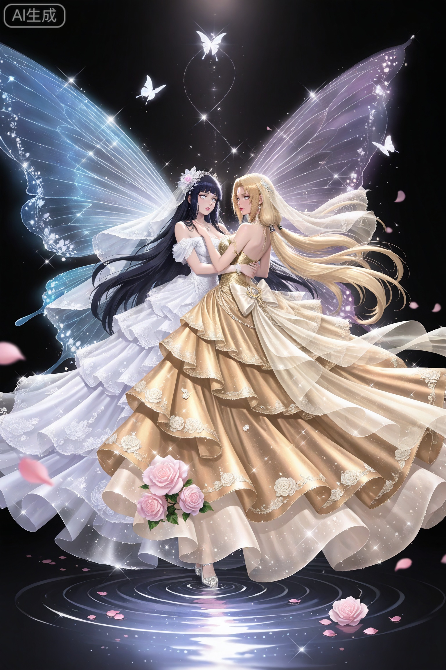 lvjing,dress,2girls,
hyuuga hinata Naruto,1girl,hyuuga hinata,solo,long hair,blunt bangs,black hair,(white eyes:1.3),no_pupils,
Tsunade,1girl,blonde hair,forehead mark,lipstick,brown eyes,long hair,low twintails,(mature_female:1.1),
multiple girls,butterfly,flower,long hair,bug,insect wings,petals,butterfly wings,wings,yuri,white dress,veil,wedding dress,water,sparkle,gold dress,black background,pink flower,looking at another,ripples,long dress,bare shoulders,very long hair,rose,hair ornament,8,
depth of field,masterpiece,best quality,very aesthetic,alternate costume,alternate costume,2024,2023,perfect composition,ultra-detailed,extreme aesthetic,masterpiece,best quality,good quality,newest,year 2024,year 2023,very aesthetic,absurdres,looking_at_viewer,colorful,,lvjing,