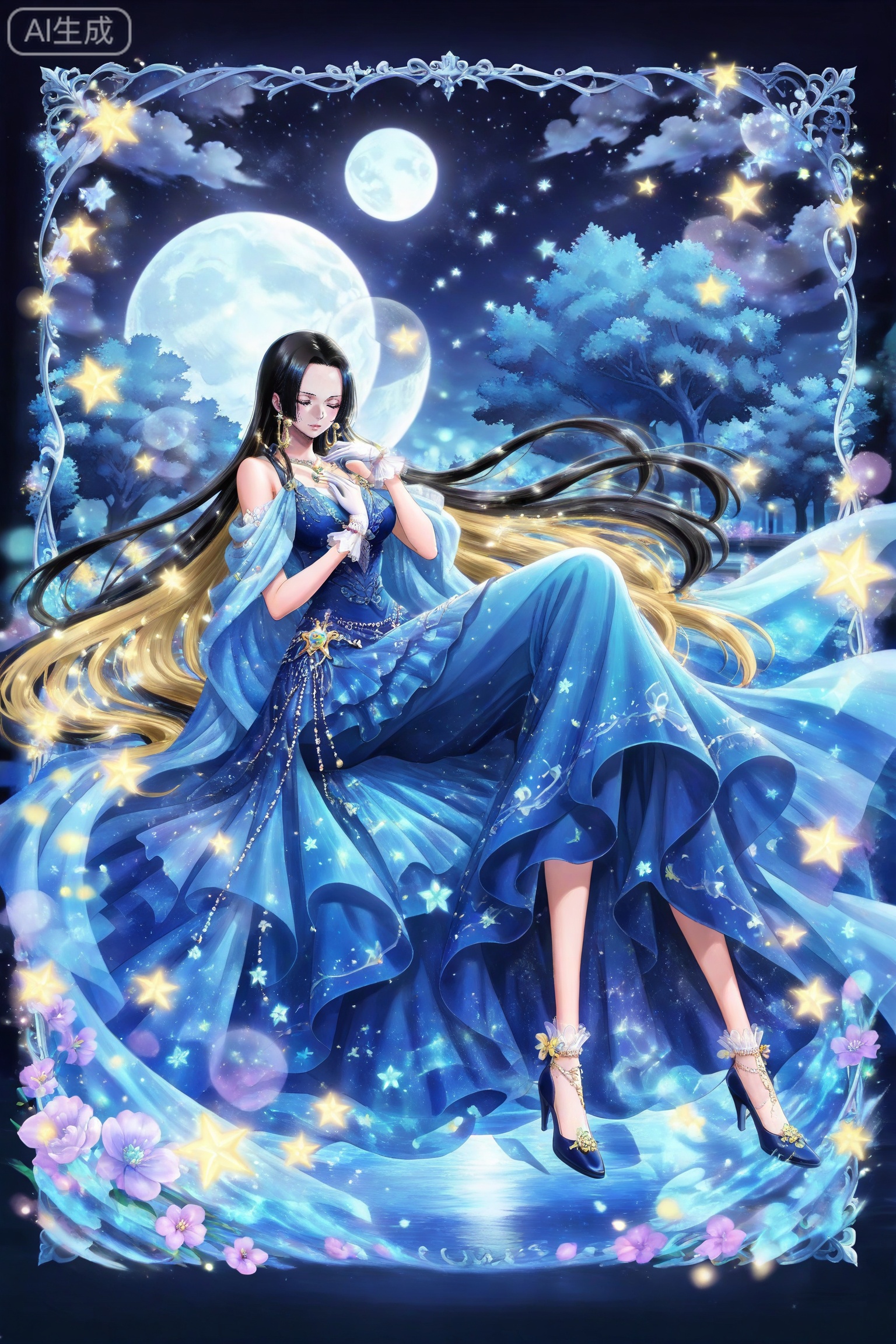 lvjing,dress,
 boa hancock one piece,boa hancock,black hair,long hair,blue eyes,jewelry,earrings,
llvjing, 1girl, long hair, dress, blonde hair, blue dress, solo, tree, blue theme, closed eyes, moon, star \(symbol\), flower, night, very long hair, high heels, gloves, 27
depth of field,masterpiece,best quality,very aesthetic,alternate costume,alternate costume,2024,2023,perfect composition,ultra-detailed,extreme aesthetic,masterpiece,best quality,good quality,newest,year 2024,year 2023,very aesthetic,absurdres,looking_at_viewer,colorful,,lvjing,
