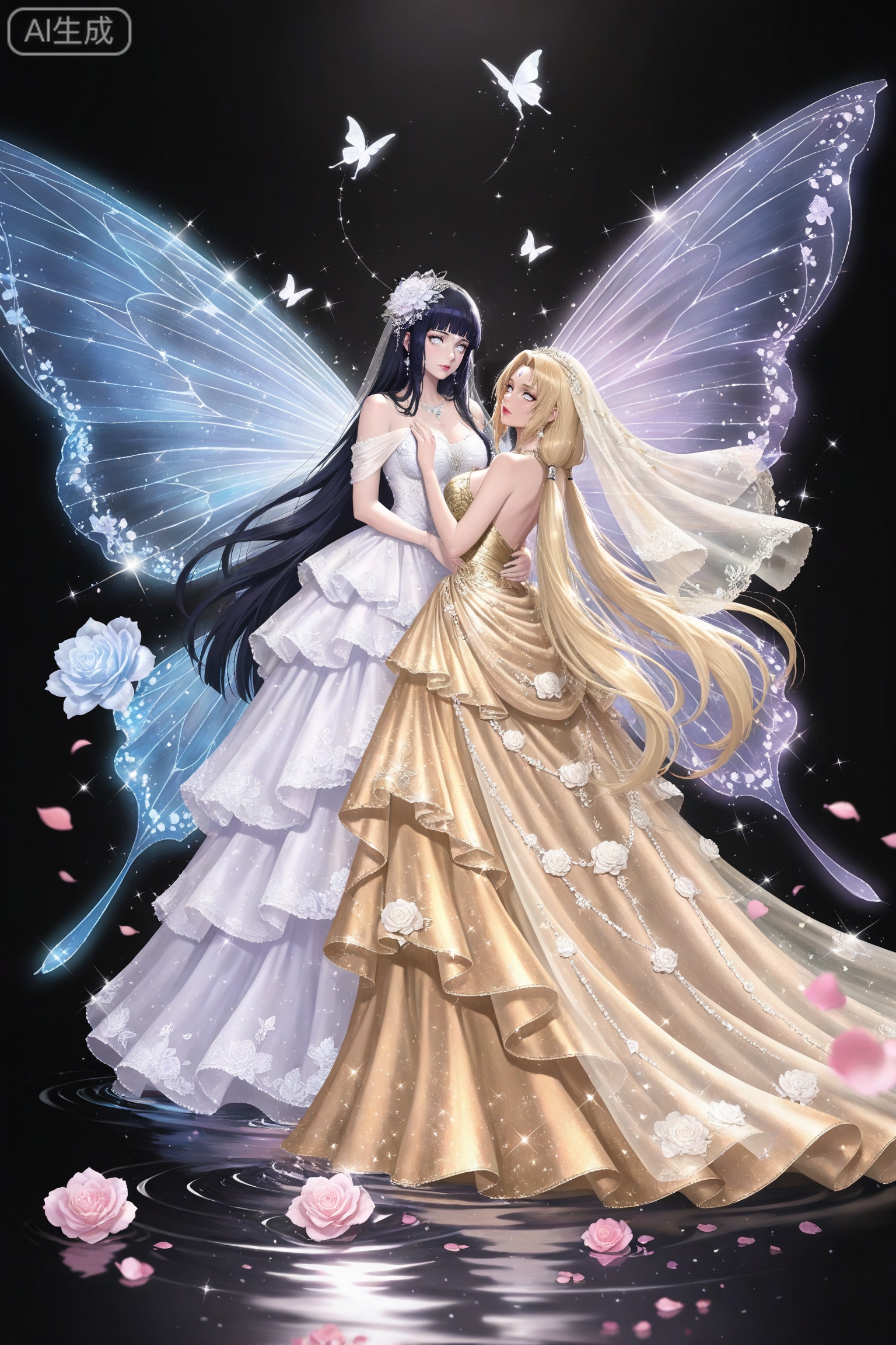 lvjing,dress,2girls,
hyuuga hinata Naruto,1girl,hyuuga hinata,solo,long hair,blunt bangs,black hair,(white eyes:1.3),no_pupils,
Tsunade,1girl,blonde hair,forehead mark,lipstick,brown eyes,long hair,low twintails,(mature_female:1.1),
multiple girls,butterfly,flower,long hair,bug,insect wings,petals,butterfly wings,wings,yuri,white dress,veil,wedding dress,water,sparkle,gold dress,black background,pink flower,looking at another,ripples,long dress,bare shoulders,very long hair,rose,hair ornament,8,
depth of field,masterpiece,best quality,very aesthetic,alternate costume,alternate costume,2024,2023,perfect composition,ultra-detailed,extreme aesthetic,masterpiece,best quality,good quality,newest,year 2024,year 2023,very aesthetic,absurdres,looking_at_viewer,colorful,,lvjing,