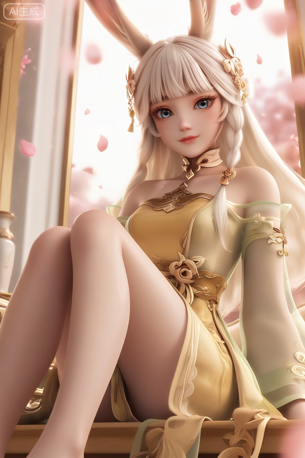 masterpiece, best quality, masterpiece,best quality,official art,extremely detailed CG unity 8k wallpaper,1girl,solo,long hair,looking at viewer,bangs,hair ornament,grey eyes,blue eyes,pale yellow dress,animal ears,bare shoulders,closed mouth,collarbone,white hair,blunt bangs,rabbit ears,smile,viera,avatar \(ff14\),streamers,aiguillette,shoulder streamer,hanfu,wide sleeves,long sleeves,long dress,light green sleeves,hanfu coat,lips,petals,braid,light_green_coat_dress,see-through coat_dress,feet,feet up,from below,(**** of foot:1.3),side mirror