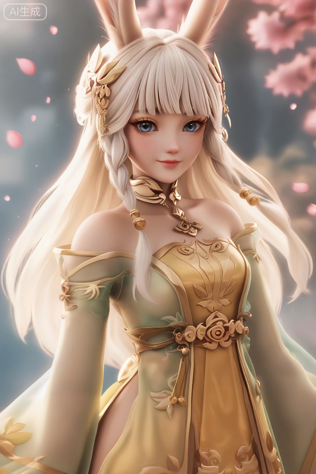 masterpiece, best quality, masterpiece,best quality,official art,extremely detailed CG unity 8k wallpaper,1girl,solo,long hair,looking at viewer,bangs,hair ornament,grey eyes,blue eyes,pale yellow dress,animal ears,bare shoulders,closed mouth,collarbone,white hair,blunt bangs,rabbit ears,smile,viera,avatar \(ff14\),streamers,aiguillette,shoulder streamer,hanfu,wide sleeves,light green sleeves,hanfu coat,lips,petals,braid,standing