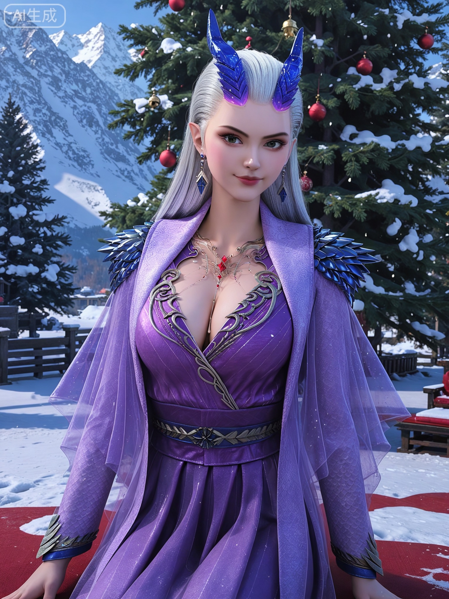 score_9,score_8_up,score_7_up,masterpiece,(best quality),(intricate details:0.9) BREAK (intricate details:0.9),(realistic skin:1.2),masterpiece,best quality,newest,absurdres,hiahres,1girl,solo,jewelry,hair ornament,dress,necklace,lips,eyeshadow,bracelet,tassel,(8k ultra-clear, pony style),photo pose 0.6, micro-expression: soft smile 0.3, half-body + medium shot 0.7,1girl,looking_at_viewer,1boy,white hair,realistic,photorealistic,Vivid Colors,bright environment,shiny skin,shiny hairjewelry,detail eyes,Eyes highlights,glowing,sunshine,bright,reflection,bright,sunshine on face,shiny,shinny,petite,thin,leg slimming,lose weight,slim hips,lakeside,delicate water,reflection,(full body:0.8)sitting_down,eyelashes,snow,Winter,Snowy landscape,Snow accumulation,Christmas tree,(huge breasts:1.1),