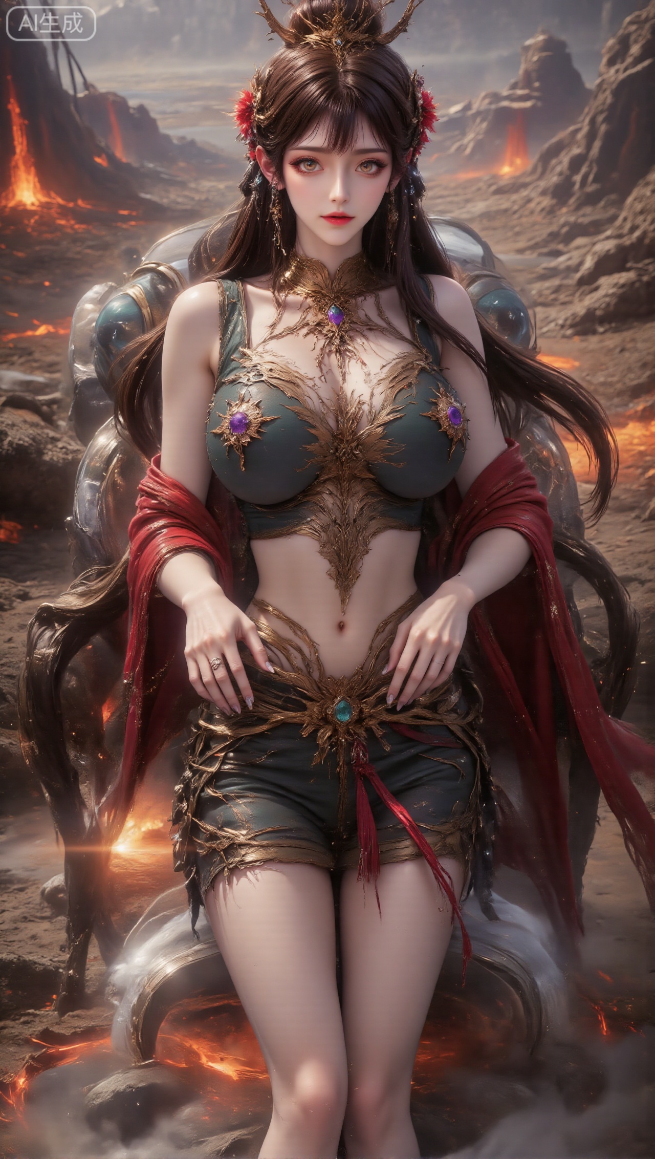 Full body portrait of a woman, with long hair combed into a delicate bun, wearing a golden headdress with complex patterns, and red, purple, and white flower decorations in the hair; the earrings are fan-shaped and matched with blue gems; the top is a short dark green style, decorated with large and complex golden patterns, and is also paired with a light-colored stand-up collar with exquisite details and a red shawl; the makeup is exquisite, amber. Eyes bright and moving, panoramic view of the magma canyon track, roofless high-temperature-resistant Ferrari (ceramic-coated body + orange-red heat dissipation pattern) driving on a heat-resistant plank road, surrounded by erupting magma pillars and giant mechanical mining equipment. In the distance is the energy suspension bridge across the magma sea and the mining base. A woman with oversized breasts is sitting in the driver's seat, leaning forward and holding the edge of the steering wheel with both hands to enjoy the panoramic volcanic landscape.