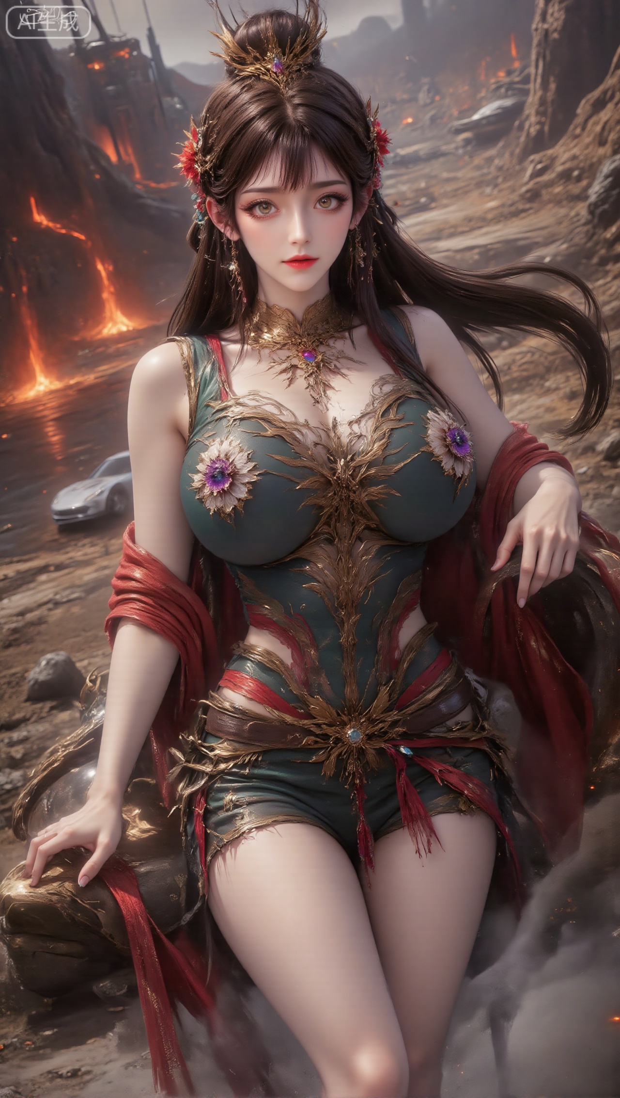 Full body portrait of a woman, with long hair combed into a delicate bun, wearing a golden headdress with complex patterns, and red, purple, and white flower decorations in the hair; the earrings are fan-shaped and matched with blue gems; the top is a short dark green style, decorated with large and complex golden patterns, and is also paired with a light-colored stand-up collar with exquisite details and a red shawl; the makeup is exquisite, amber. Eyes bright and moving, panoramic view of the magma canyon track, roofless high-temperature-resistant Ferrari (ceramic-coated body + orange-red heat dissipation pattern) driving on a heat-resistant plank road, surrounded by erupting magma pillars and giant mechanical mining equipment. In the distance is the energy suspension bridge across the magma sea and the mining base. A woman with oversized breasts is sitting in the driver's seat, leaning forward and holding the edge of the steering wheel with both hands to enjoy the panoramic volcanic landscape.