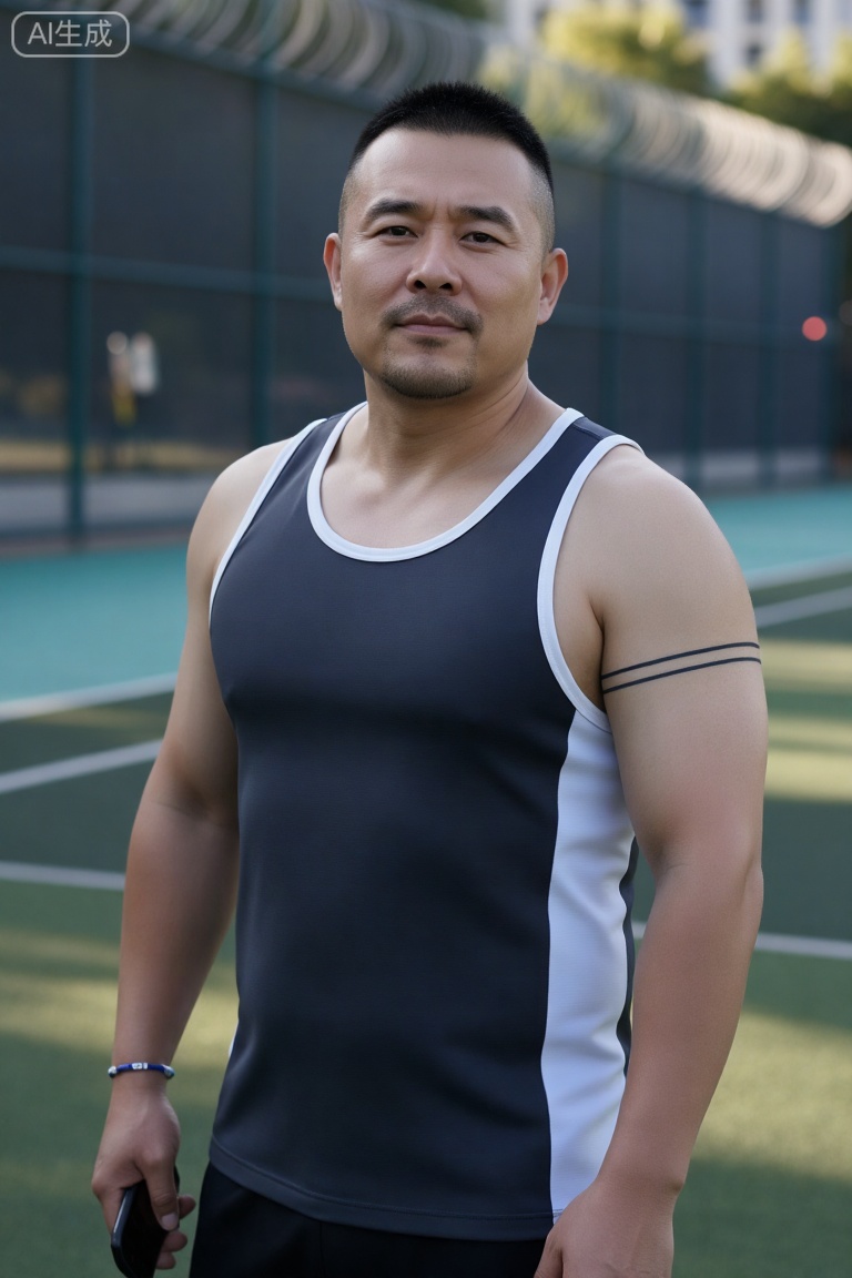 DYWH,Chen Jianbin, a 43-year-old middle-aged man, has a calm temperament and a sense of strength. He has a short buzzcut, stubble on his face, deep eyes, and a few fine lines appearing at the corners of his eyes when he smiles. The body type belongs to the fat-packed muscle type. Although the muscle lines are covered with fat, they still look strong. There is a black abstract line tattoo on his right arm.

Wearing a dark gray and white sports vest with a black thong, a blue and white sports bracelet on his left wrist, and a black mobile phone in his right hand.

Standing beside the outdoor football field, the background is a green basketball court and a gray barbed wire fence. The sun shines down, creating mottled light and shadow on the ground.