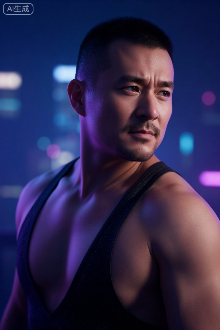一个中年男人,有一张硬朗、阳刚的脸和整洁的短发。他赤膊上阵,肌肉被脂肪覆盖,但身体紧绷,肌肉线条有力,置身于迷幻的蓝色与紫色霓虹灯光中,他正回眸凝视镜头,眼神充满故事感,他身着带有亮片的黑色吊带背心,脸上的汗滴被风吹起,背景是虚化的都市夜景与闪烁的灯光,摄影,照片级真实,人像模式,焦距85mm,光圈f/1.4,ISO 400,背景光斑如奶油般化开,极致细节,4K壁纸,电影感光影,