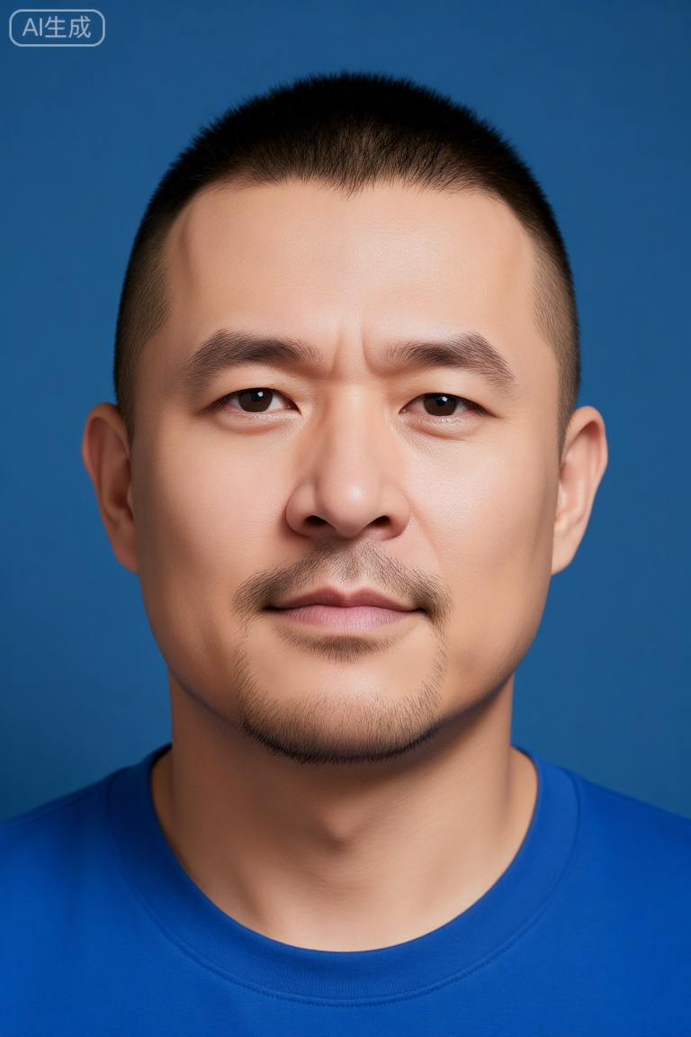 nsjs,极致细节,4K壁纸,最高质量,杰作,极致清晰,
在室内专业人像拍摄场景中,白天时分,柔和的顶光均匀洒落。一位中年男子拍摄正面人像,他留着短而整齐的板寸头,脸颊和下巴上的胡须修剪得干净利落,身着亮蓝色上衣。他头部端正朝前,背景是纯蓝色的墙面,光线清晰地勾勒出面部轮廓,整体画面简洁正式,兼具身份证照片或标准人像的质感。