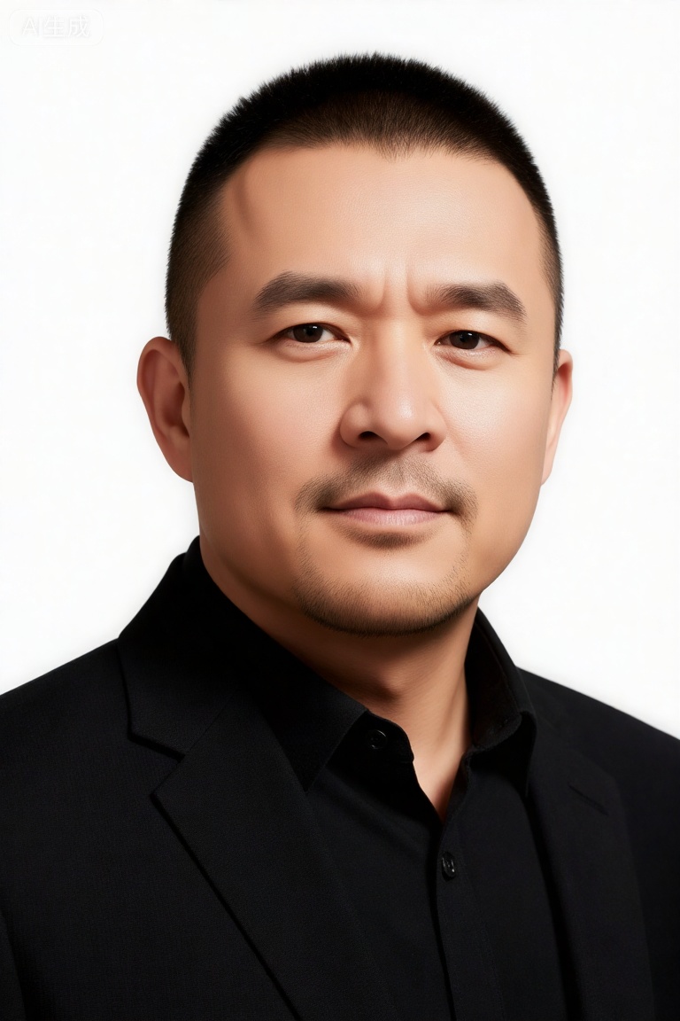 chenjianbin,Photograph of an Asian man in his late 30s to early 40s with short

dark hair and a slight receding hairline. He has a medium build

light to medium skin tone

and a clean-shaven face with a neutral expression. He is wearing a black

long-sleeved button-up shirt with the top button slightly open. The background is a plain

bright white

making the subject stand out prominently. The lighting is even

highlighting his facial features and the texture of his shirt. The overall style is professional and formal

focusing on a clear

detailed portrait.