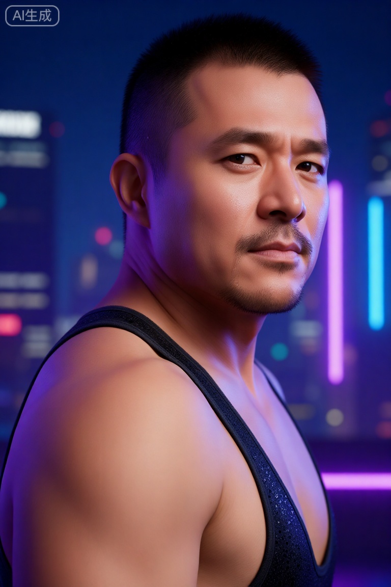 一个中年男人,有一张硬朗、阳刚的脸和整洁的短发。他赤膊上阵,肌肉被脂肪覆盖,但身体紧绷,肌肉线条有力,置身于迷幻的蓝色与紫色霓虹灯光中,他正回眸凝视镜头,眼神充满故事感,他身着带有亮片的黑色吊带背心,脸上的汗滴被风吹起,背景是虚化的都市夜景与闪烁的灯光,摄影,照片级真实,人像模式,焦距85mm,光圈f/1.4,ISO 400,背景光斑如奶油般化开,极致细节,4K壁纸,电影感光影,