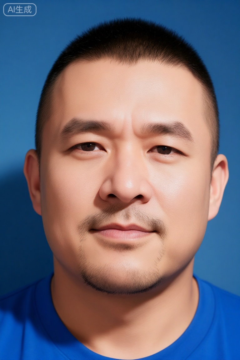 nsjs,极致细节,4K壁纸,最高质量,杰作,极致清晰,
在室内专业人像拍摄场景中,白天时分,柔和的顶光均匀洒落。一位中年男子拍摄正面人像,他留着短而整齐的板寸头,脸颊和下巴上的胡须修剪得干净利落,身着亮蓝色上衣。他头部端正朝前,背景是纯蓝色的墙面,光线清晰地勾勒出面部轮廓,整体画面简洁正式,兼具身份证照片或标准人像的质感。