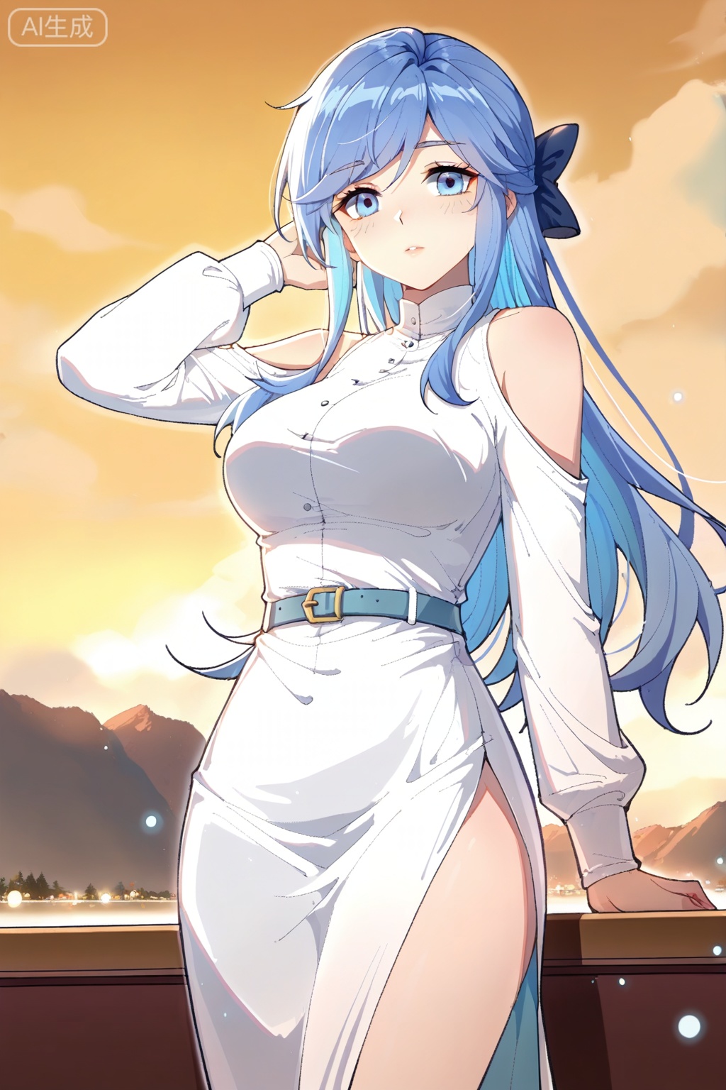 白秀秀,masterpiece,best quality,official art,extremely detailed CG unity 8k wallpaper,1girl,solo,mature female,bangs, blue eyes,long hair,bare shoulders,long sleeves, white dress, side slit, blue hair, shoulder cutout, hair bow,belt