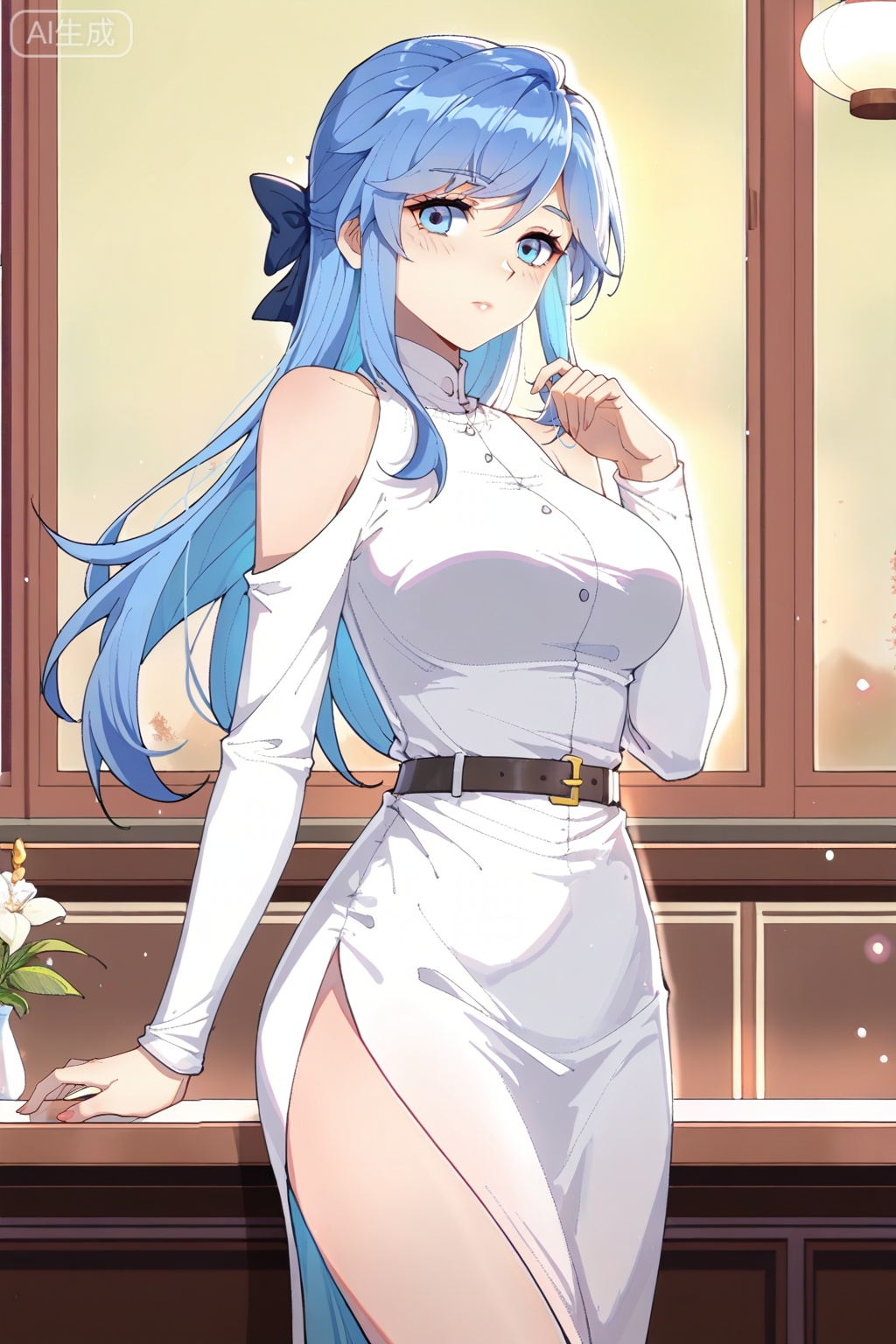 白秀秀,masterpiece,best quality,official art,extremely detailed CG unity 8k wallpaper,1girl,solo,mature female,bangs, blue eyes,long hair,bare shoulders,long sleeves, white dress, side slit, blue hair, shoulder cutout, hair bow,belt