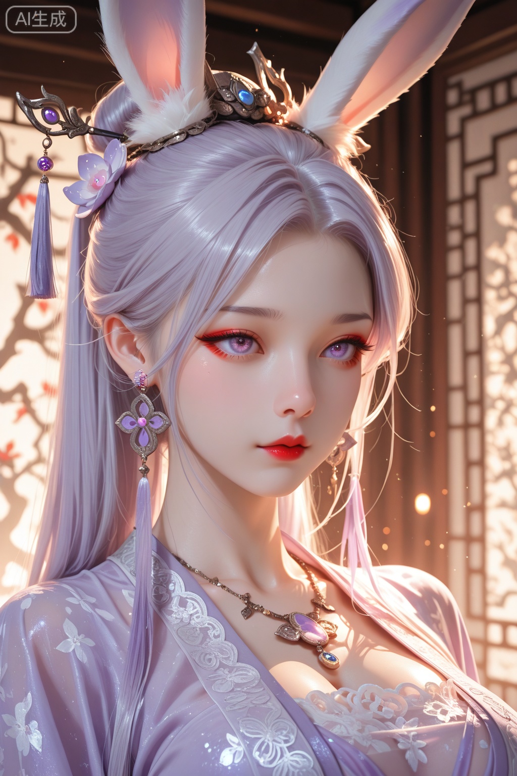 1 Beauty in Hanfu, Thin purple silk shirt,White,Variety of textures, White lace blouse, Platinum purple long ponytail, hair accessories, earring, light purple rabbit ears, Necklaces and Necklaces, Carefully drawn big purple eyes, Detailed makeup, thin eyebrows, high nose, cute red lips, no smile, purse lips, red face, broad chest, big breasts , Well-proportioned breasts, slim waist, Purple fishnet stockings, Chinese Hanfu style, fictional art texture, The colors are vivid and true to life, original photo, Realistic photos, Ultra-high quality 8k hyper-realistic photos, (Effective fantasy lighting effects: 1.8), 10x pixels, magic effect (background): 1.8), super detailed eyes, Girl body portrait, solo girl , Ancient Hanfu background,