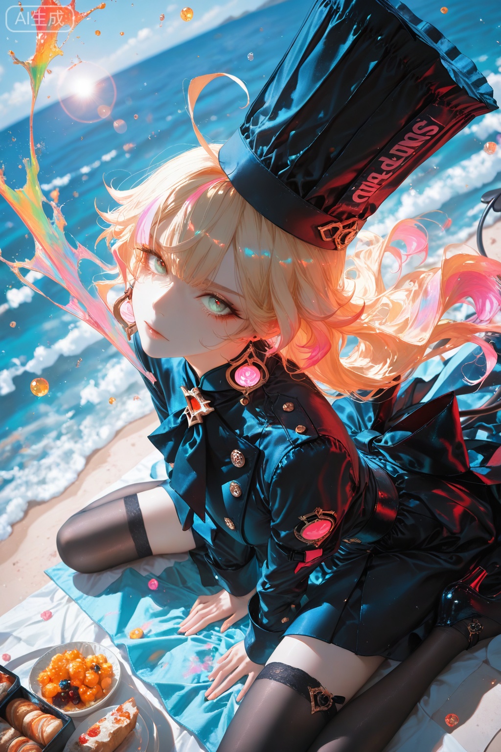 escoffier \(genshin impact\),blonde hair,ahoge,blue eyes,escoffier fake devil tail,long hair,thighhighs,1girl,escoffier chef's hat,clothes: escoffier def white and black dress,depth of field,light particles,lens flare,(artist:quasarcake:0.8),extreme aesthetic,(wlop:0.6),wanke,rella,wanke,masterpiece,best quality,good quality,newest,year 2024,year 2023,very aesthetic,absurdres,Visual impact,Electromotive force,perspective composition,A shot with tension,ultra-high resolution,32K UHD,sharp focus,best quality,masterpiece,Emotionalization masterpiece,unconventional supreme,masterful details,with a high end texture,in the style of fashion photography,(Visual impact:1.2),giving the poster a dynamic and visually striking appearance,impactful picture,offcial art,colorful,splash of color,movie perspective,masterpiece,best quality,amazing quality,very aesthetic,absurdres,best quality,newest,best quality,masterpiece,Emotionalizatior,masterpiece,unconventional, supreme,masterful details,with a,high end texture,in the style of,fashion photography,(Visual clot.... impact:1.2),giving the poster a,dynamic and visually striking,appearance,impactful picture,offcial,art,colorful,splash of color,movie,perspective,masterpiece,best,quality,amazing quality,very,aesthetic,absurdres,best,quality,newest,best,quality,1girl,solo,green eyes,blonde,hair,long hair,in spring,over the,sea,cowboy_shot,looking_at_viewer,close-,up,solo_focus,face_focus,eyes_focus,from_above,dynamic_angle,kind_**,ile,wariza,picnic,blanket,food,available,