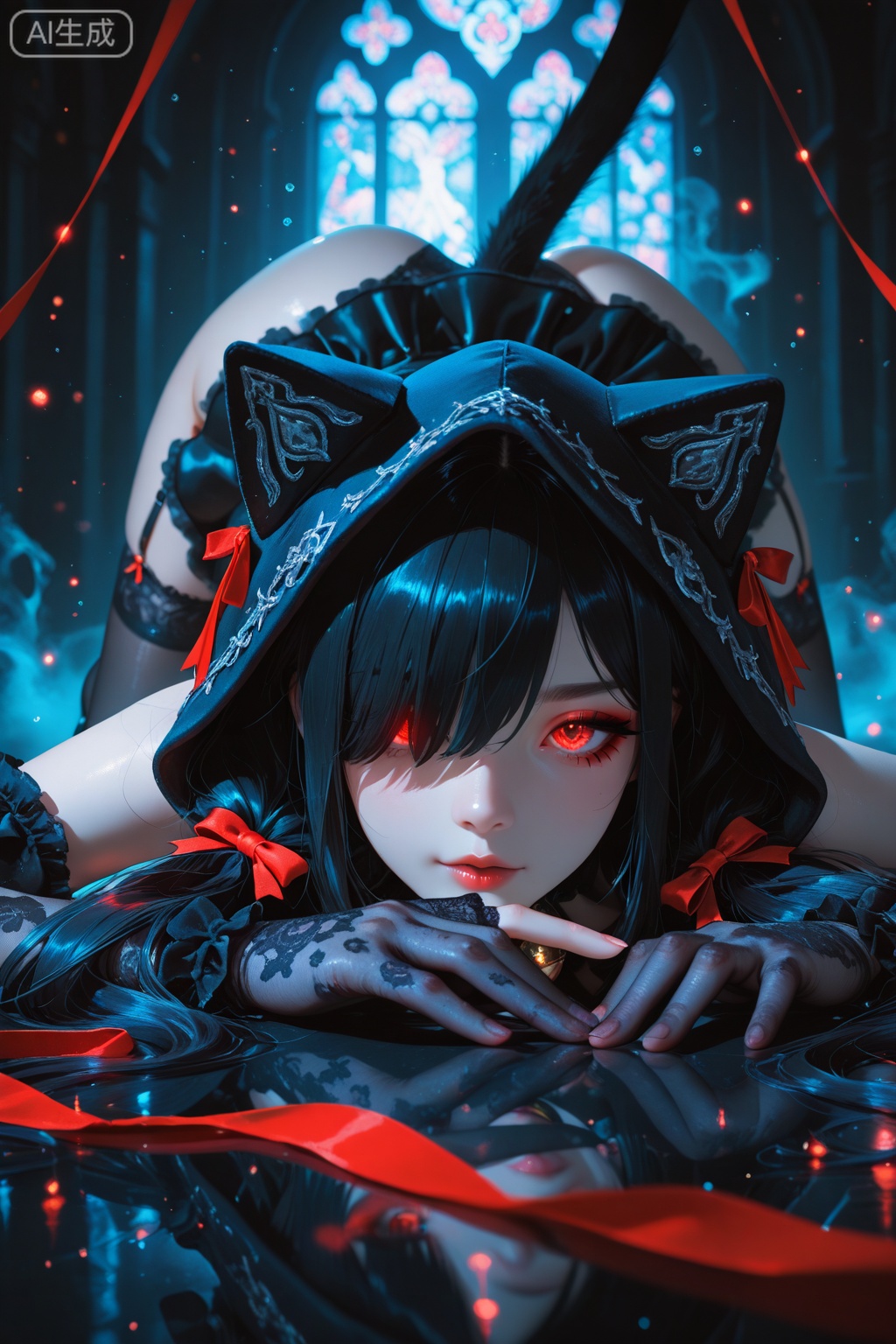 1girl, Kuroki Monika, black hair, very long hair, low twintails, braided twintails, hair over right eye, glowing eyes, very long eyelashes, eyeliner, red eyes, large breasts, (petite, curvy, very cute, kawaii), animal ear fluff, animal ear hood, cat ears, fake animal ears, cat tail, fake tail, bell collar, gothic black luxurious dress, red trims, embroidery, bare shoulders, cloth cutout, chest cutout, back cutout, short skirt, dress flowing elegantly, hood, hood up, ((ribbons, frills)), black lace gloves, black garter belt, sparkly garter stockings, black thigh-high socks, cute shoes, solo, laying down, cute seductive pose, fashion model S pose, graceful, arched back, tilted head, ground view, ((shallow focus, depth of field, focus on eyes)), ((backlighting, dynamic light, natural light)), ((detailed background:1.5)), ((gothic atmosphere:1.3)), ((soft, pastel, colorful, stunning illustration)), ((sketch, doodles:0.8)), ((flat color, thick lines, bright colors, pop art)), sparkly water droplets, mist-covered graves, soft glowing fog, eerie gothic background, dark and mysterious setting, melancholic yet enchanting, raised contours, intricate shadows, high contrast yet pastel elements, pop-art aesthetic infused with gothic darkness, surreal ambiance, ultra-detailed rendering, soft yet striking composition, ((anatomical body)), perfect face, perfect eyes, perfect hands, perfect fingers, masterpiece, best quality, amazing quality, absurdres, cinematic, cinematic lighting, cinematic shadows, cinematic composition,