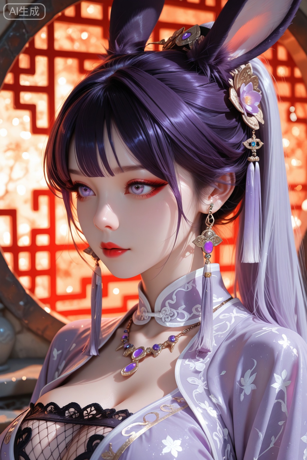 1 Beauty in Hanfu, Thin purple silk shirt,White,Variety of textures, White lace blouse, Platinum purple long ponytail, hair accessories, earring, light purple rabbit ears, Necklaces and Necklaces, Carefully drawn big purple eyes, Detailed makeup, thin eyebrows, high nose, cute red lips, no smile, purse lips, red face, broad chest, big breasts , Well-proportioned breasts, slim waist, Purple fishnet stockings, Chinese Hanfu style, fictional art texture, The colors are vivid and true to life, original photo, Realistic photos, Ultra-high quality 8k hyper-realistic photos, (Effective fantasy lighting effects: 1.8), 10x pixels, magic effect (background): 1.8), super detailed eyes, Girl body portrait, solo girl , Ancient Hanfu background,