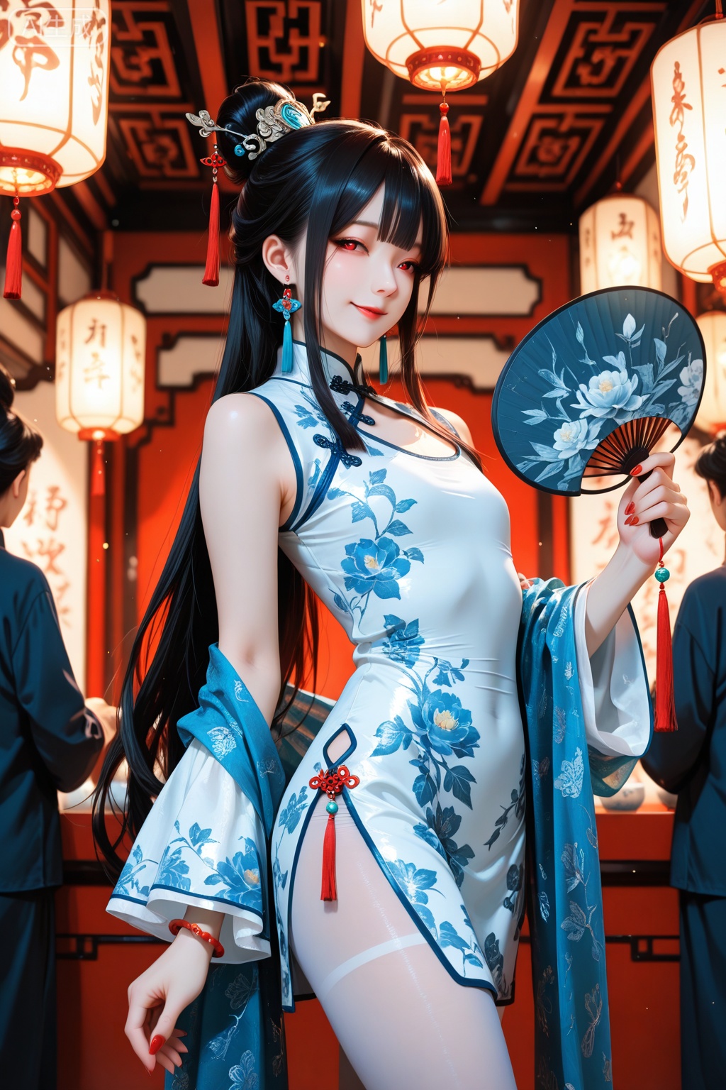 1 girl, (mature woman), [cool face, 30 years old, red eyes, flat chest, charming smile, blue and white porcelain Chinese clothing, blue and white Chinese clothing, blue and white Chinese cheongsam, blue and white floral print, standing, black hair, very long hair, long bangs, straight bangs, hair bun, jewelry, blue and white Chinese clothing, printed dress, sleeveless, shawl, hand fan, legs parted, protruding, looking at the audience, indoors, (teahouse), earrings, red nails, holding, bracelet, alone, hair accessories, pantyhose