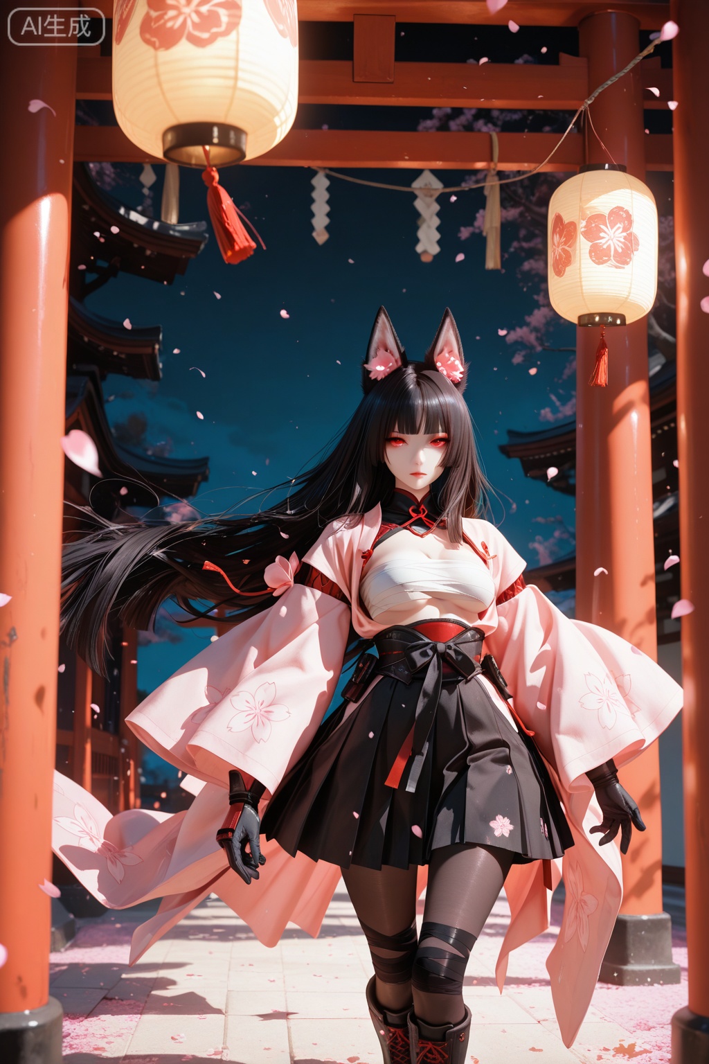 best quality, masterpiece, 8k wallpaper, anime style portrait, fox girl, red sharp eyes, detailed iris, thick eyelashes, eye reflections, long flowing black hair with straight bangs, flawless pale skin, white sarashi wrappings, revealing traditional Japanese clothing, black pleated skirt, arm bandages, black combat gloves, bandaged thigh, black pantyhose, combat boots, strolling confidently, majestic pink sakura trees in full bloom, petals dancing in wind, historic Japanese village, paper lanterns, torii gate in distance, afternoon golden light, cinematic shadows, peaceful ambiance, feudal Japan setting
