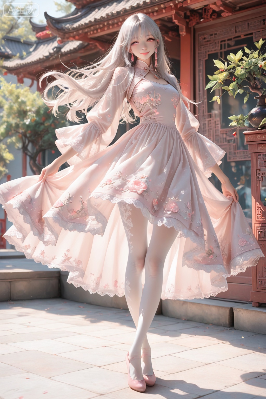 Masterpiece, the best, 1 woman, full body photo, ancient Chinese style, silver hair, slender legs, smile, white pantyhose, lace edge of pantyhose, light pink lips, embroidered dress, standing, outdoor