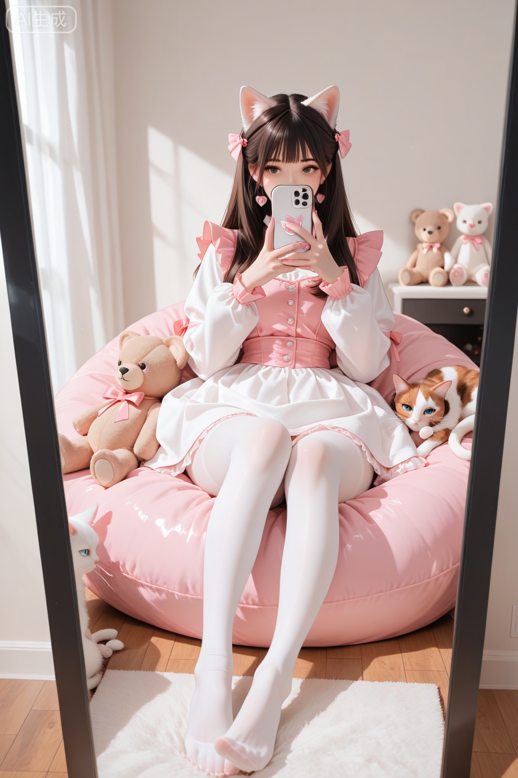 There was a woman, Arakfi, sitting on a bean bag,,Take a selfie with your phone in the mirror,Holding a teddy bear in his hand, anime barbie in white stockings, White Cat Girl, Full length and white stockings, Anime girl in real life, very beautiful cute catgirl, kerli koiv as anime girl, Anime girl cosplay, Wearing white tights, sitting in her room, sitting on her bed, White tights, White stockings