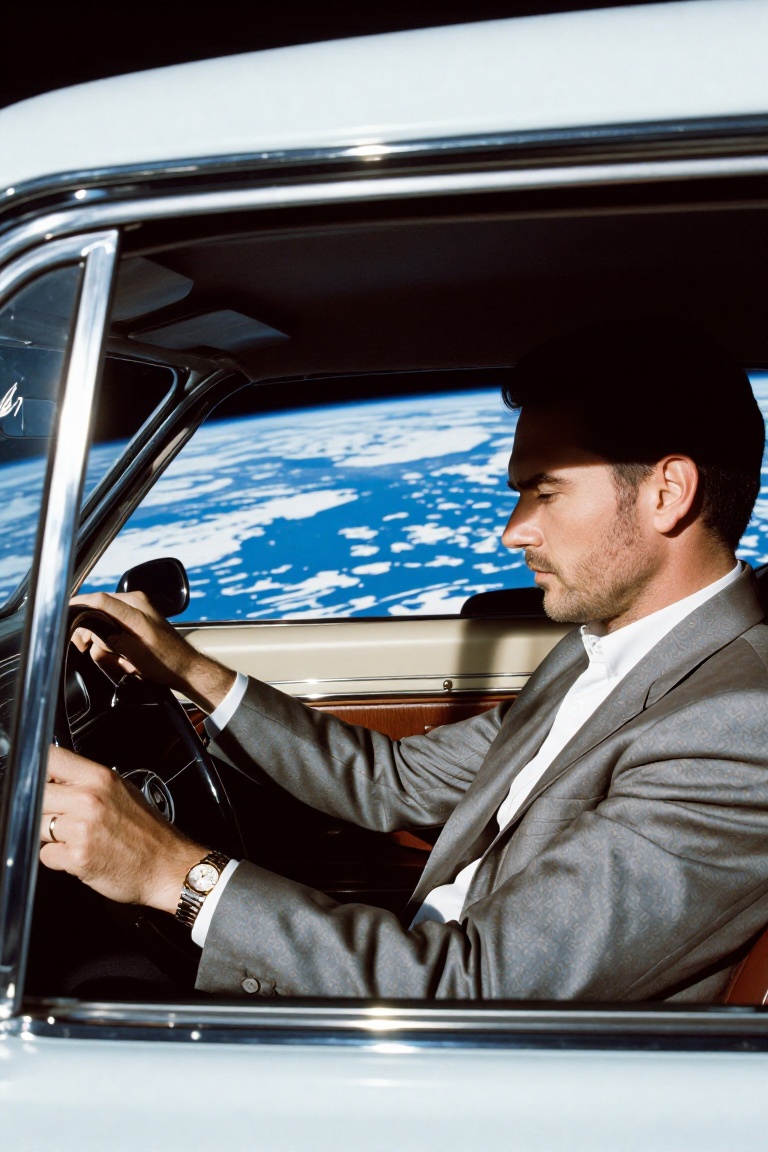 A surreal,  retro-style portrait from the driver's seat of a classic mid-century car. A man in a suit is driving,  but the...