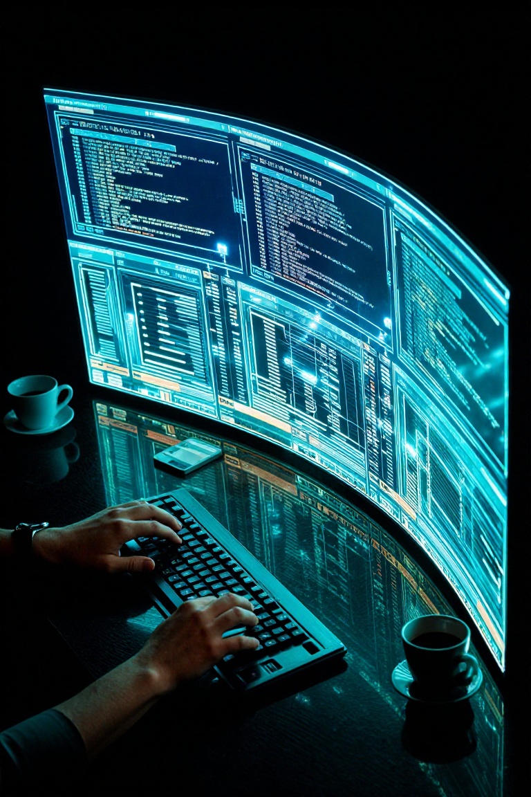 A complex,  high-concept visual of a person's hands operating a retro-futuristic console and keyboard. The console itself...