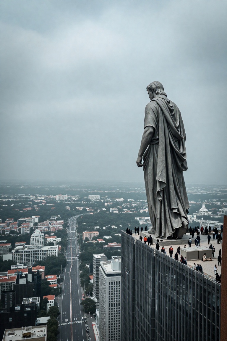 An epic,  atmospheric wide shot of a gargantuan statue of a classical figure,  draped in robes on Tensor.Art