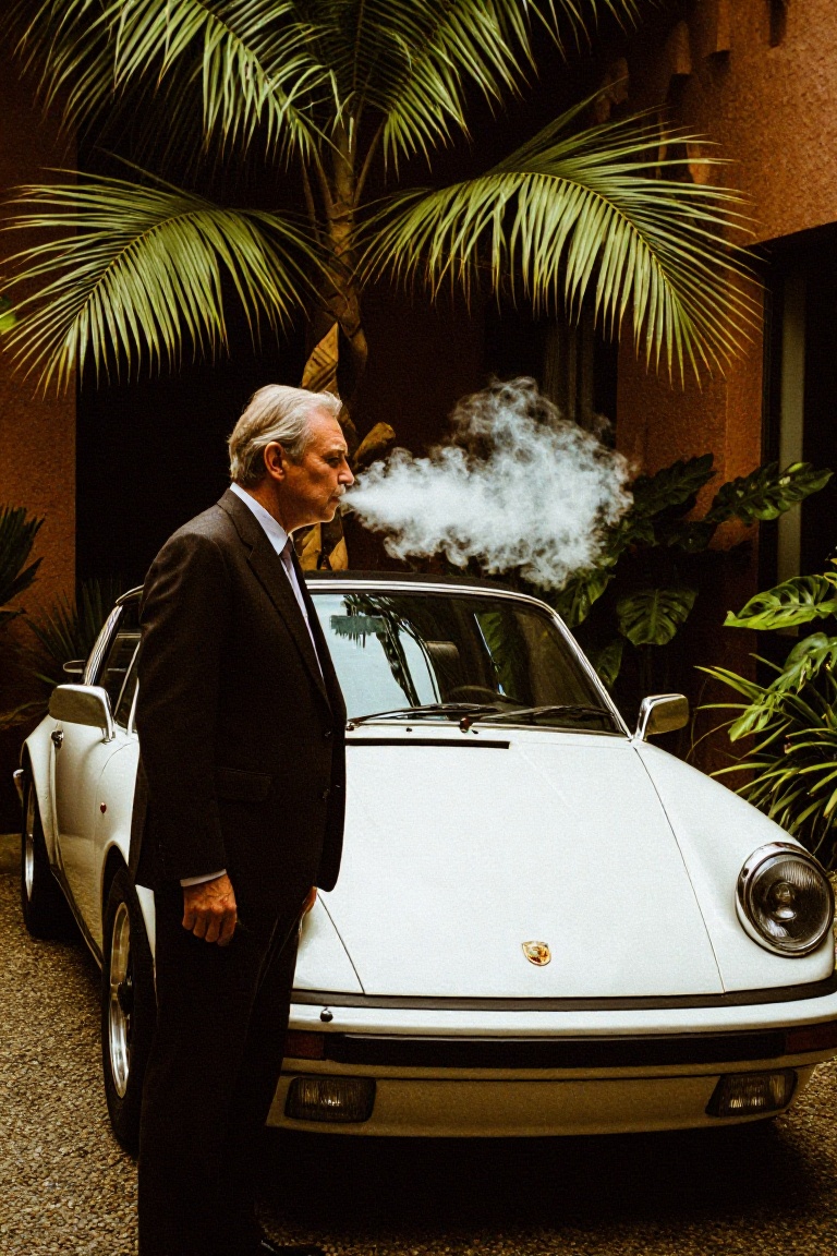 A moody,  heavily textured film photo of an older man in a dark suit standing beside a classic white Porsche 911 Targa,  e...
