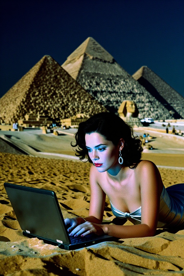 A surreal juxtaposition: a woman with dark curly hair and a strapless metallic dress lies on the sand at night,  typing on...