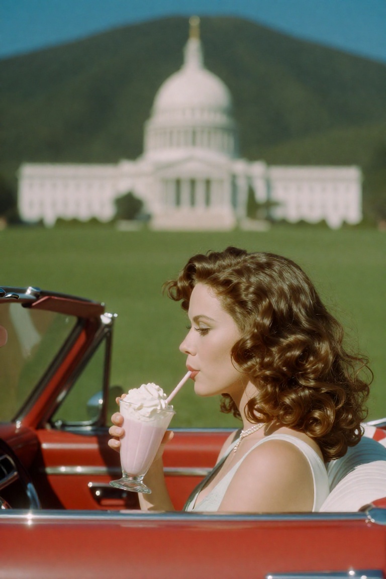 A side-profile shot of a woman with voluminous hair sitting in a red convertible car. she is drinking a milkshake through...