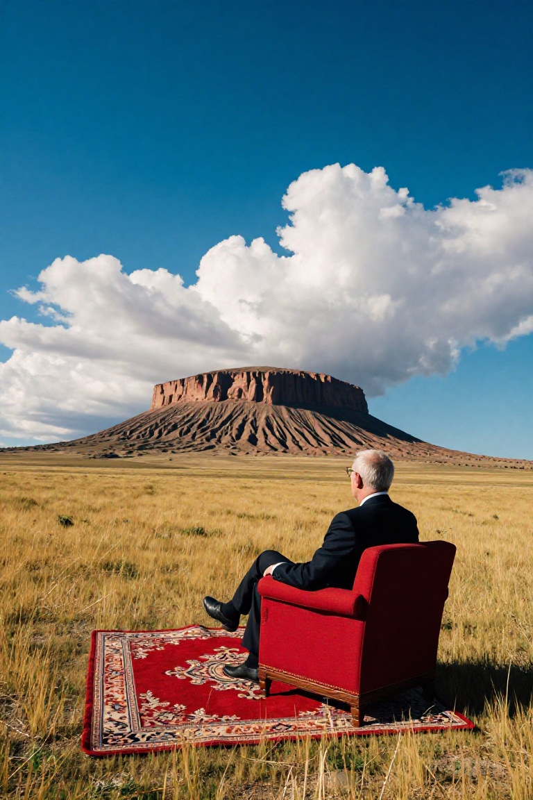A peaceful,  slightly surreal wide shot featuring an older man in a suit seated comfortably in a red armchair,  facing awa...