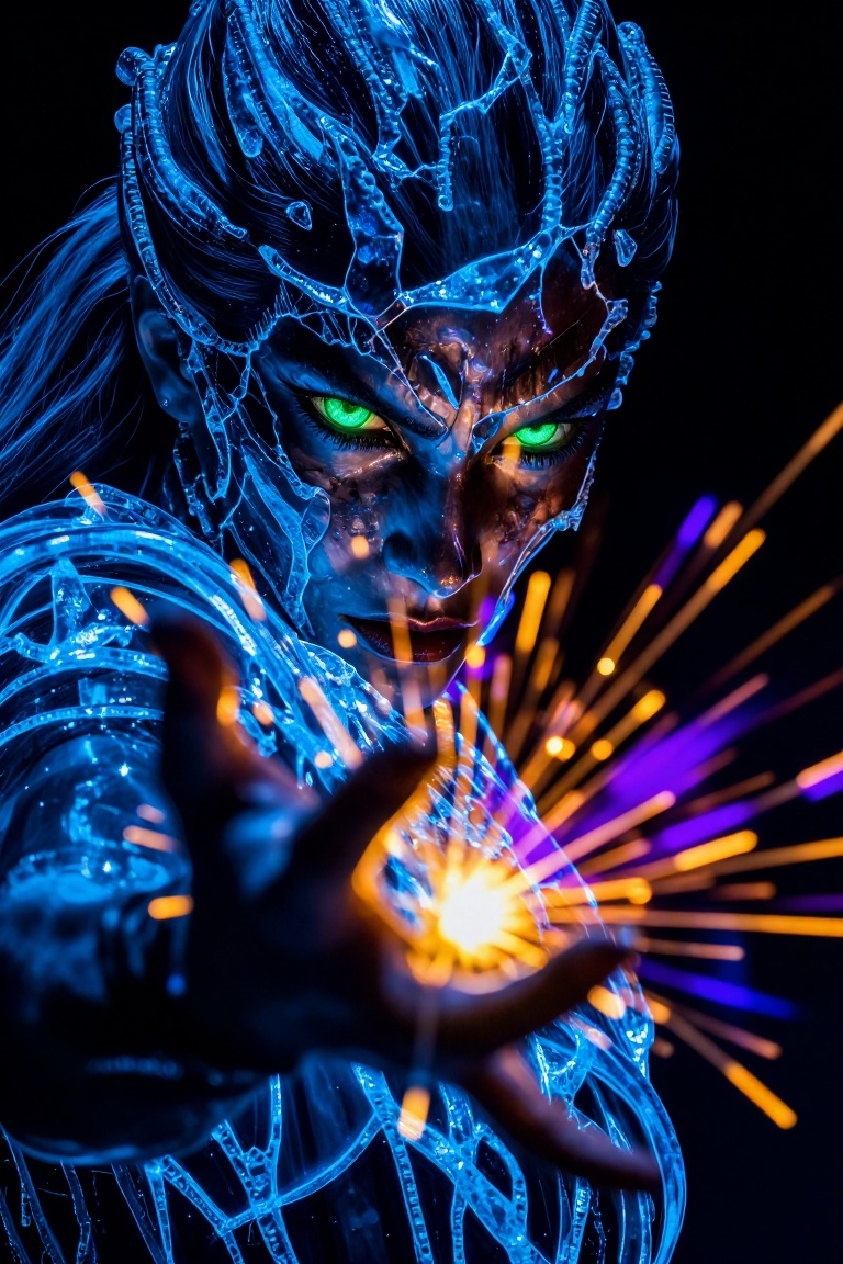 A dark,  dynamic close-up of a figure seemingly composed of shimmering dark blue glass or ice,  crackling with internal en...