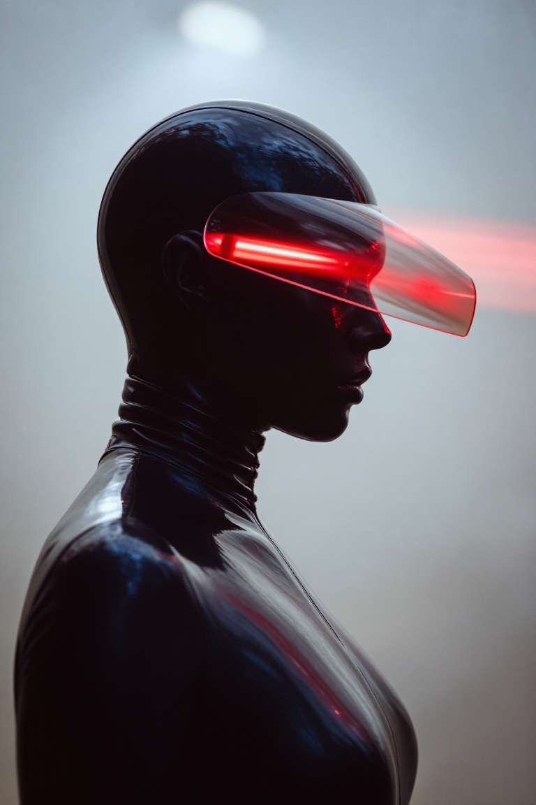 A striking side-profile portrait of a figure in a black latex or vinyl bodysuit,  wearing a smooth,  reflective on Tensor.Art