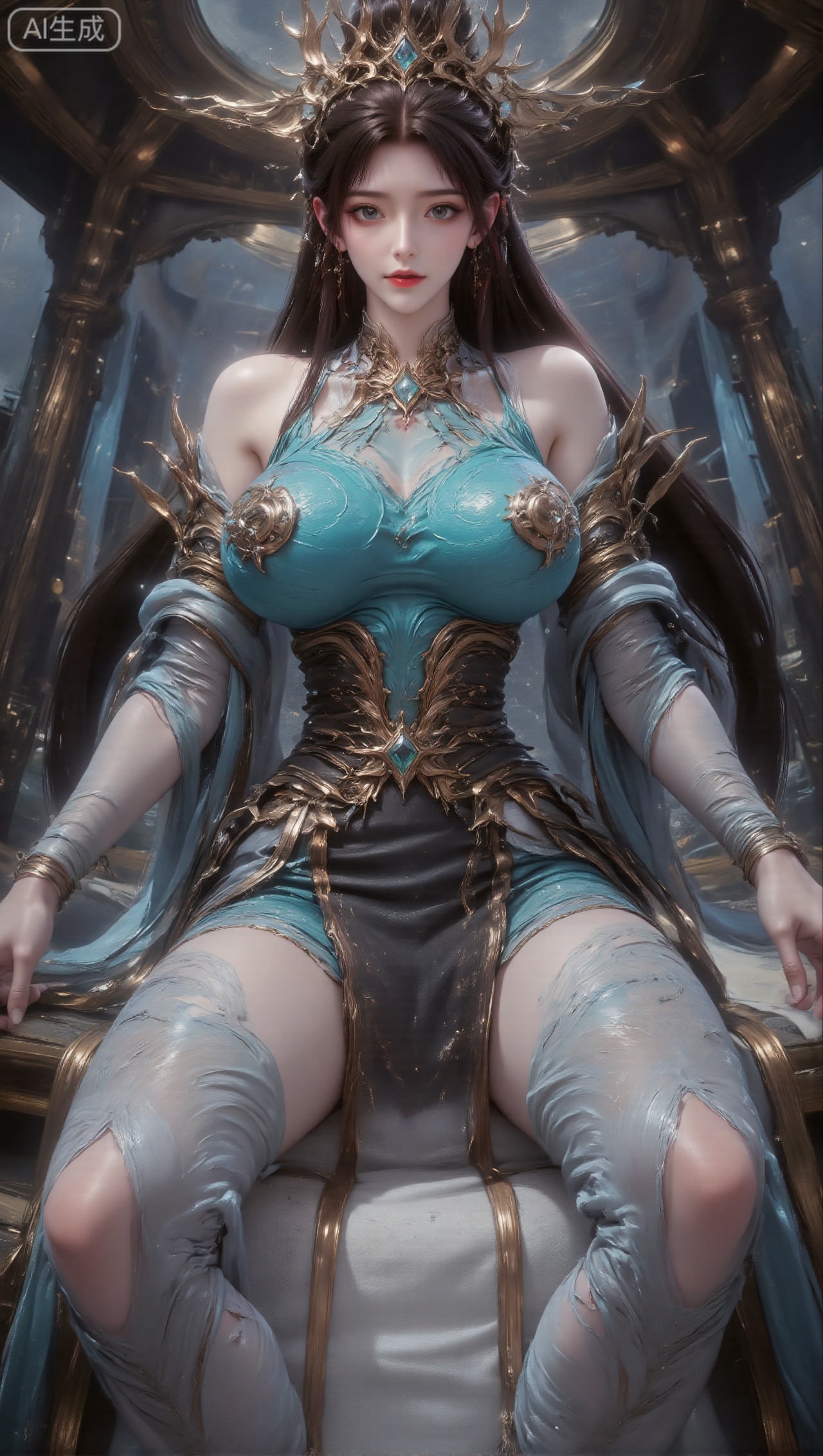 Panoramic view, a woman with jet - black long hair piled high, wearing an exquisite and complex golden headdress (inlaid with blue gemstones, featuring a flowing branch - and - leaf design); she has exquisite earrings with blue gemstones and a star - shaped gem necklace around her neck. She is dressed in a magnificent top dominated by turquoise and matched with golden decorations; the fabric is glossy, with exquisite patterns and three - dimensional decorations with a metallic texture (the chest decoration is rich in layers like petals or wings). The shoulders are decorated with flowing sleeve ornaments in light blue and gold, which have patterns and shapes with a metallic texture. A wide black belt with golden patterns is tied around her waist. The woman sits cross - legged on a white platform, with her hands resting on both sides of the platform for support. The background has dark roof beams with exquisite patterns, paired with blue drooping curtains. The overall environment is elegant, and the light is soft, creating a classical and elegant indoor atmosphere.