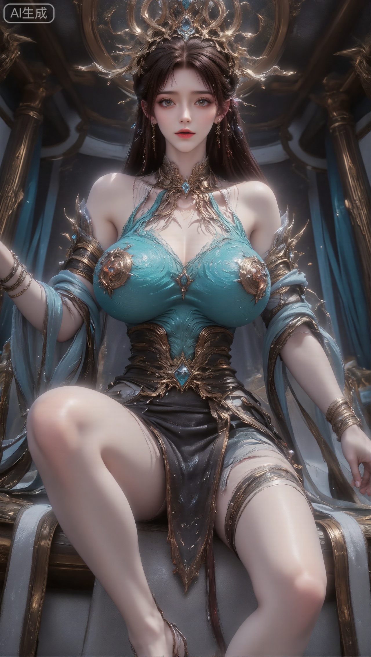 Panoramic view, a woman with jet - black long hair piled high, wearing an exquisite and complex golden headdress (inlaid with blue gemstones, featuring a flowing branch - and - leaf design); she has exquisite earrings with blue gemstones and a star - shaped gem necklace around her neck. She is dressed in a magnificent top dominated by turquoise and matched with golden decorations; the fabric is glossy, with exquisite patterns and three - dimensional decorations with a metallic texture (the chest decoration is rich in layers like petals or wings). The shoulders are decorated with flowing sleeve ornaments in light blue and gold, which have patterns and shapes with a metallic texture. A wide black belt with golden patterns is tied around her waist. The woman sits cross - legged on a white platform, with her hands resting on both sides of the platform for support. The background has dark roof beams with exquisite patterns, paired with blue drooping curtains. The overall environment is elegant, and the light is soft, creating a classical and elegant indoor atmosphere.