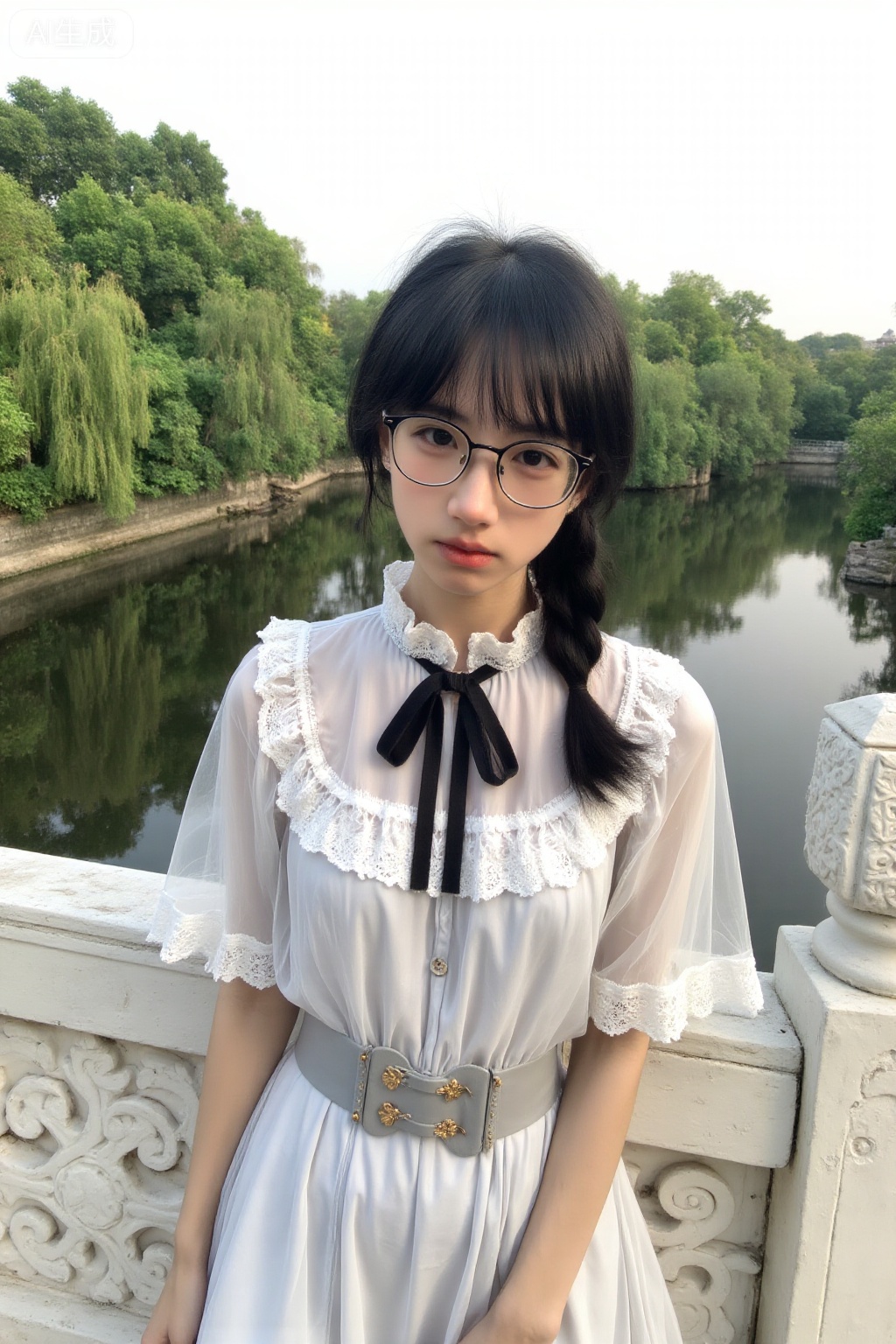This is a photograph of an Asian woman standing on a white, ornately carved stone bridge with a serene river and lush green trees in the background. She has a fair skin tone and a slender build. Her black hair is styled in a simple, straight, side-parted braid that falls over her right shoulder. She is wearing large, round, black-framed glasses that give her a slightly intellectual appearance. Her outfit is a light gray, vintage-style dress with a high, ruffled neckline and short, lace-trimmed sleeves. The dress features a black ribbon tied in a bow at the collar and a cinched waist with a gray belt that has gold buttons and a small decorative buckle. The fabric of the dress appears to be semi-sheer, adding a delicate, ethereal quality to her look. Her expression is calm and slightly introspective as she gazes directly at the camera. The background shows a calm river reflecting the greenery, with trees lining the opposite bank. The sky is overcast, casting a soft, diffused light over the scene. The bridges white stone and intricate carvings add a touch of elegance to the photograph.