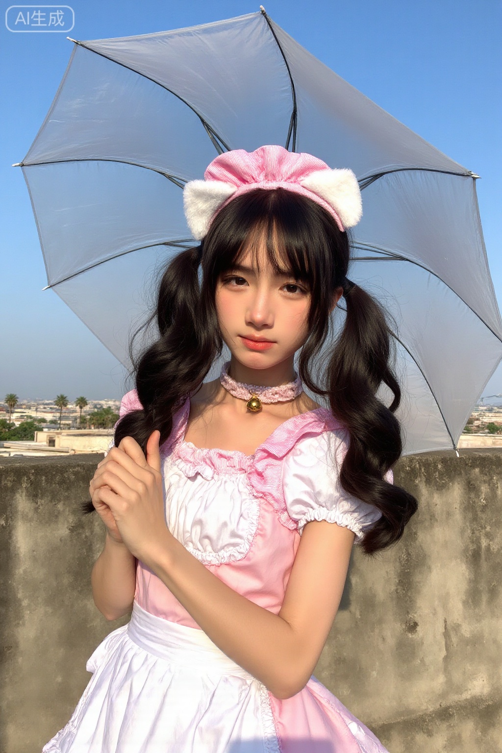This photograph captures a young Asian woman standing outdoors against a clear blue sky. She is wearing a pink and white checkered maid outfit with puffed short sleeves and a high collar, adorned with a small gold bell choker around her neck. Her long, wavy black hair is styled in two pigtails, each secured with pink and white checkered hair ties. She also wears a pink and white checkered headband with a white cat ear accessory. She holds a transparent umbrella with black trim in her right hand, positioned over her head. Her skin is smooth and light, and she has a subtle, natural makeup look with a focus on her eyes, which have a slight, inviting gaze. The background features a concrete wall and a distant view of a cityscape with buildings and a few palm trees. The sunlight casts soft shadows, highlighting the textures of her outfit and hair. The overall style of the photograph is modern and playful, with a slight cosplay influence, and the bright, clear lighting emphasizes the vivid colors of her attire and the serene atmosphere of the outdoor setting.