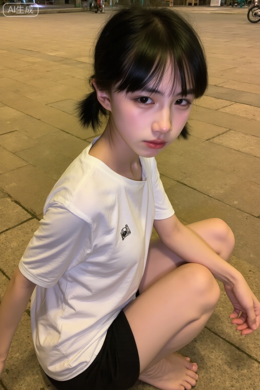 The image is a photograph of a young Asian woman sitting on a stone pavement at night. She has fair skin, black hair tied in a loose ponytail with bangs gently framing her face, and she is looking directly at the camera with a neutral expression. Her lips are slightly parted and she has minimal makeup, highlighting her natural beauty. She is wearing a plain white T-shirt with a small black logo on the left side of her chest and black shorts. Her right arm is resting on her knee, which is bent and positioned in front of her, while her left arm is out of view. The pavement is made of large, rectangular stone tiles, and the background shows a dimly lit urban setting with a few scattered objects, including a bicycle wheel and some indistinct items in the distance. The lighting is soft and warm, casting gentle shadows and giving the scene a calm, nighttime atmosphere. The overall composition of the photograph focuses on the womans serene and contemplative demeanor, with the simplicity of her outfit and the urban setting providing a contrasting yet harmonious backdrop.