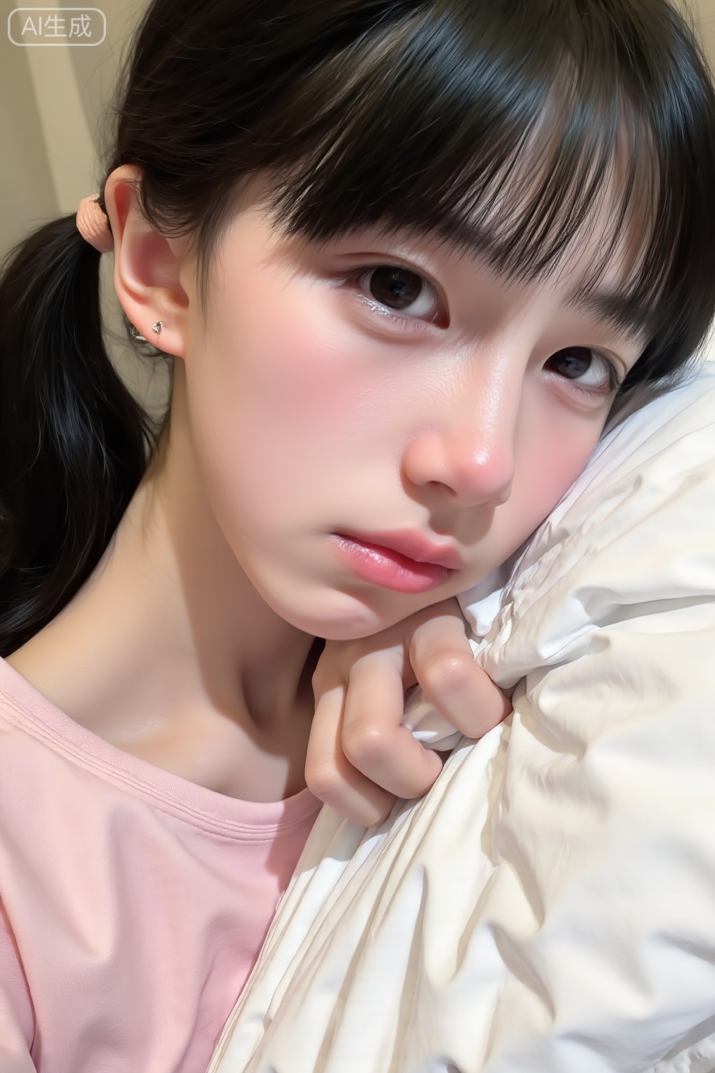 The image is a close-up photograph of an East Asian woman with fair skin and long, straight black hair tied in a low ponytail with a peach-colored hair tie. She has large, almond-shaped brown eyes, subtle pink blush on her cheeks, and full, slightly parted pink lips. Her expression is neutral, with a hint of pensiveness. She is resting her head on her right hand, which is placed gently on a white pillow. Her left hand is partially visible, holding the pillow close to her face. She is wearing a pink long-sleeve top, and a small silver earring is visible in her left ear. The background is blurred, but it appears to be a soft, neutral-colored indoor setting, possibly a bedroom. The lighting is soft and natural, highlighting her smooth skin and delicate facial features. The photograph has a warm, intimate feel, capturing a quiet, contemplative moment. The textures in the image include the softness of her skin, the smoothness of her hair, and the gentle folds of the white pillow. The overall composition is focused on her face, with a shallow depth of field that keeps the background out of focus.